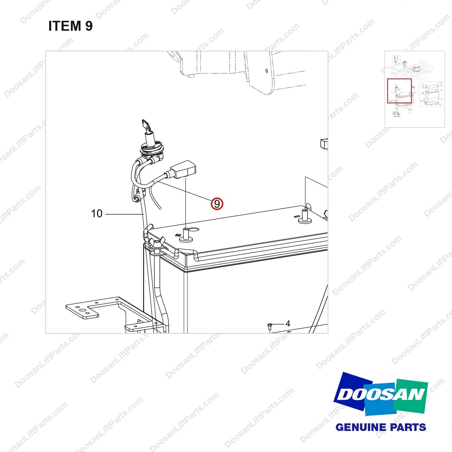 310203-11926 BATTERY GP;D40S-9 CE - parts diagram, item 9 shown - genuine Doosan / Bobcat forklift part