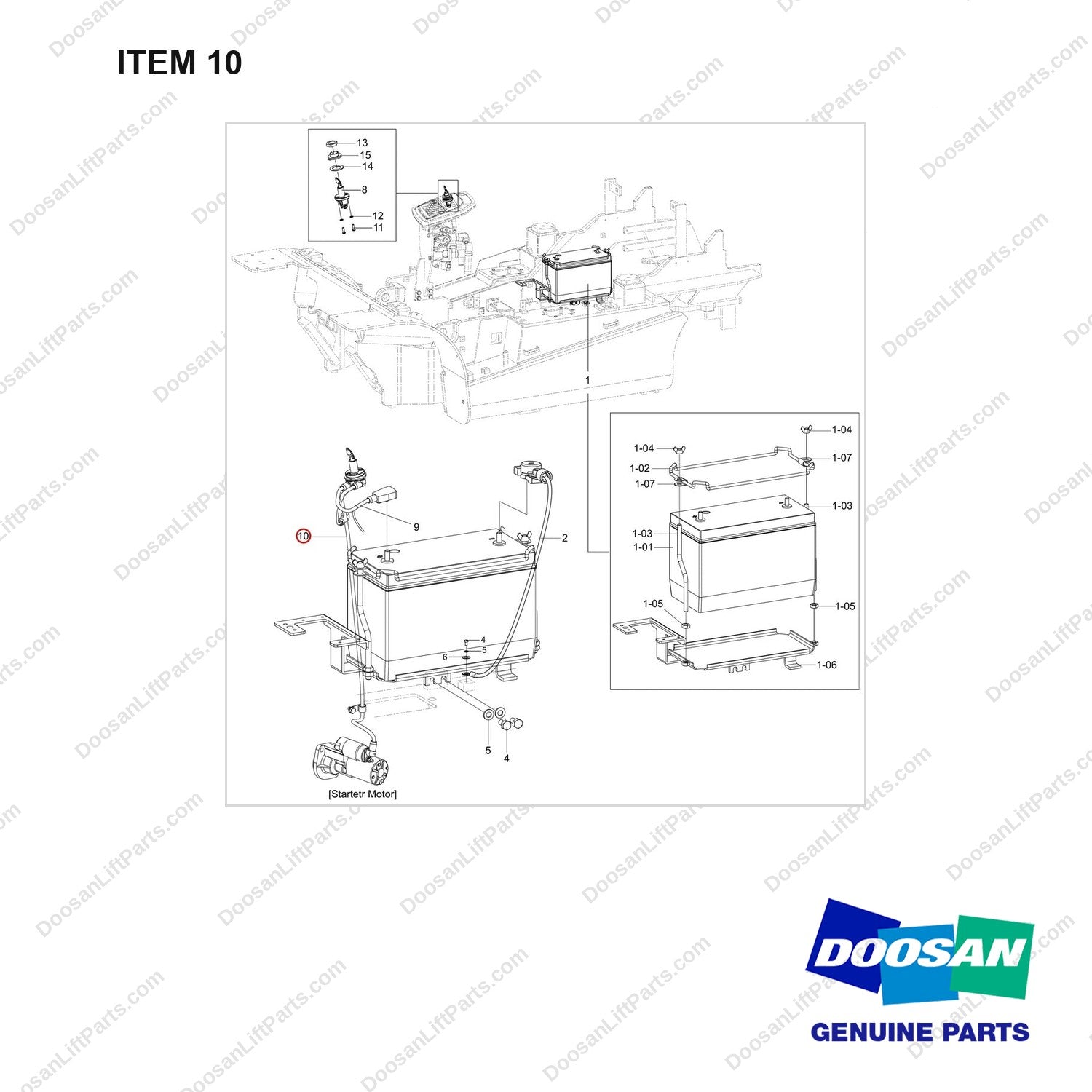 310203-11929 BATTERY GP;D40S-9 CE - full parts diagram, item 10 marked - genuine Doosan / Bobcat forklift part