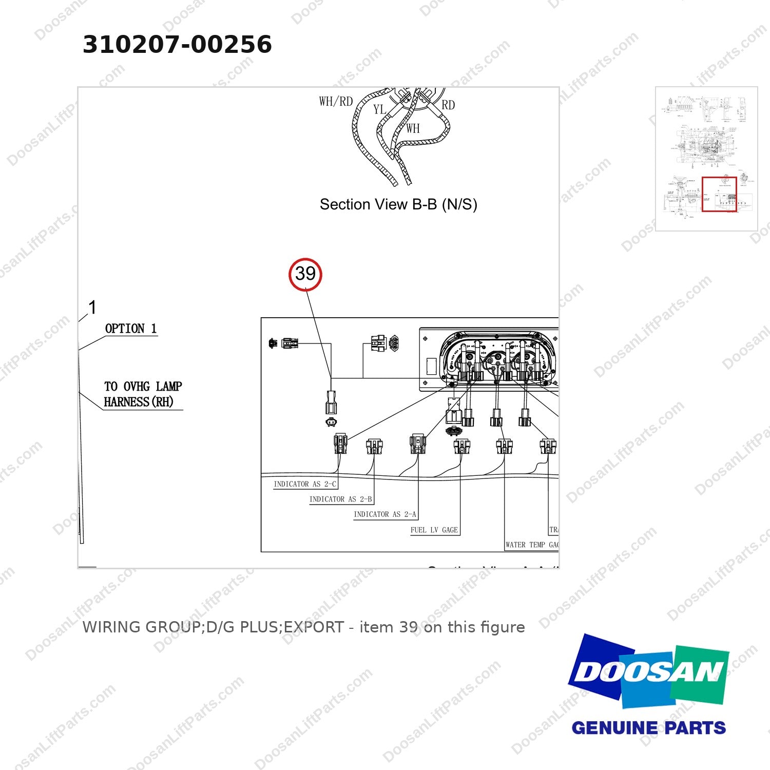 310207-00256 WIRING GROUP;D/G PLUS;EXPORT - parts diagram, item 39 shown - genuine Doosan / Bobcat forklift part