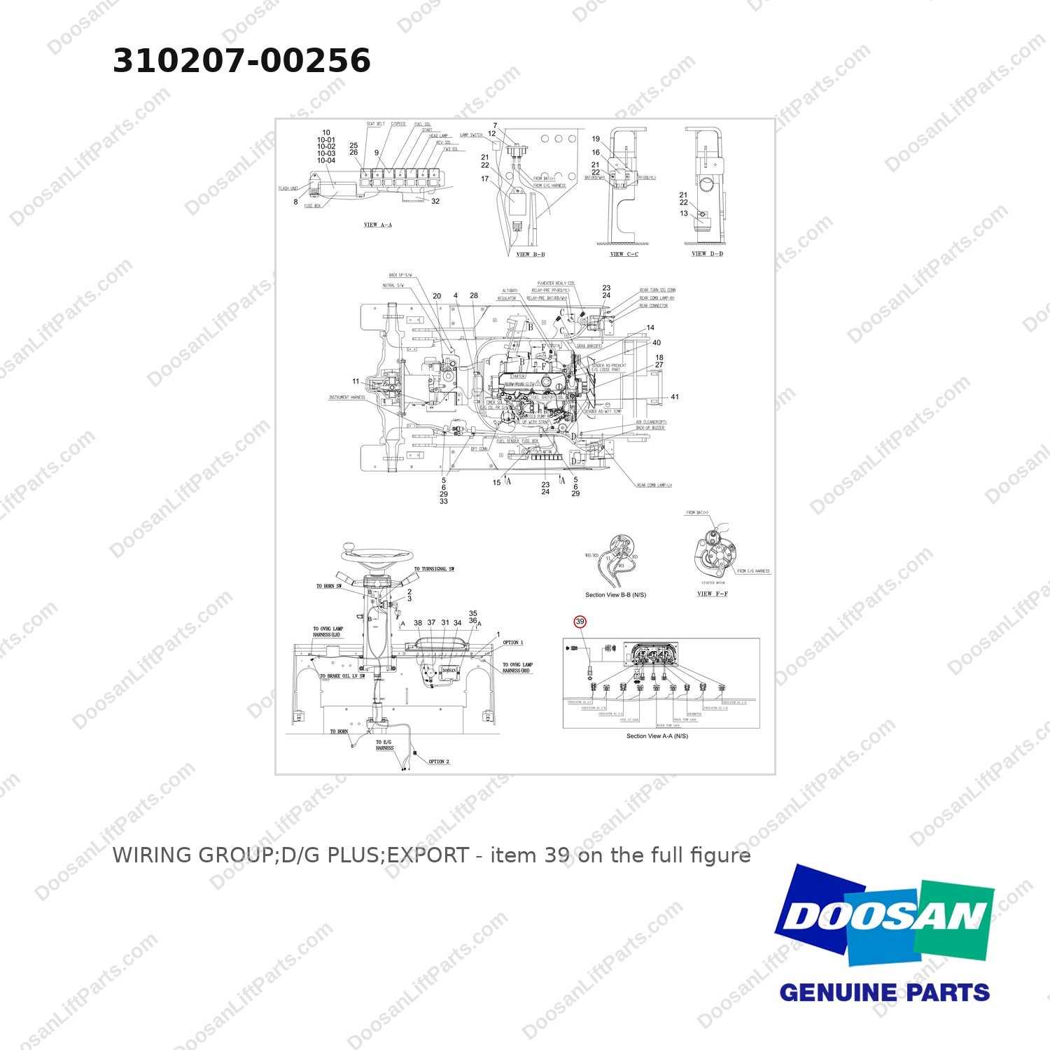 310207-00256 WIRING GROUP;D/G PLUS;EXPORT - full parts diagram, item 39 marked - genuine Doosan / Bobcat forklift part