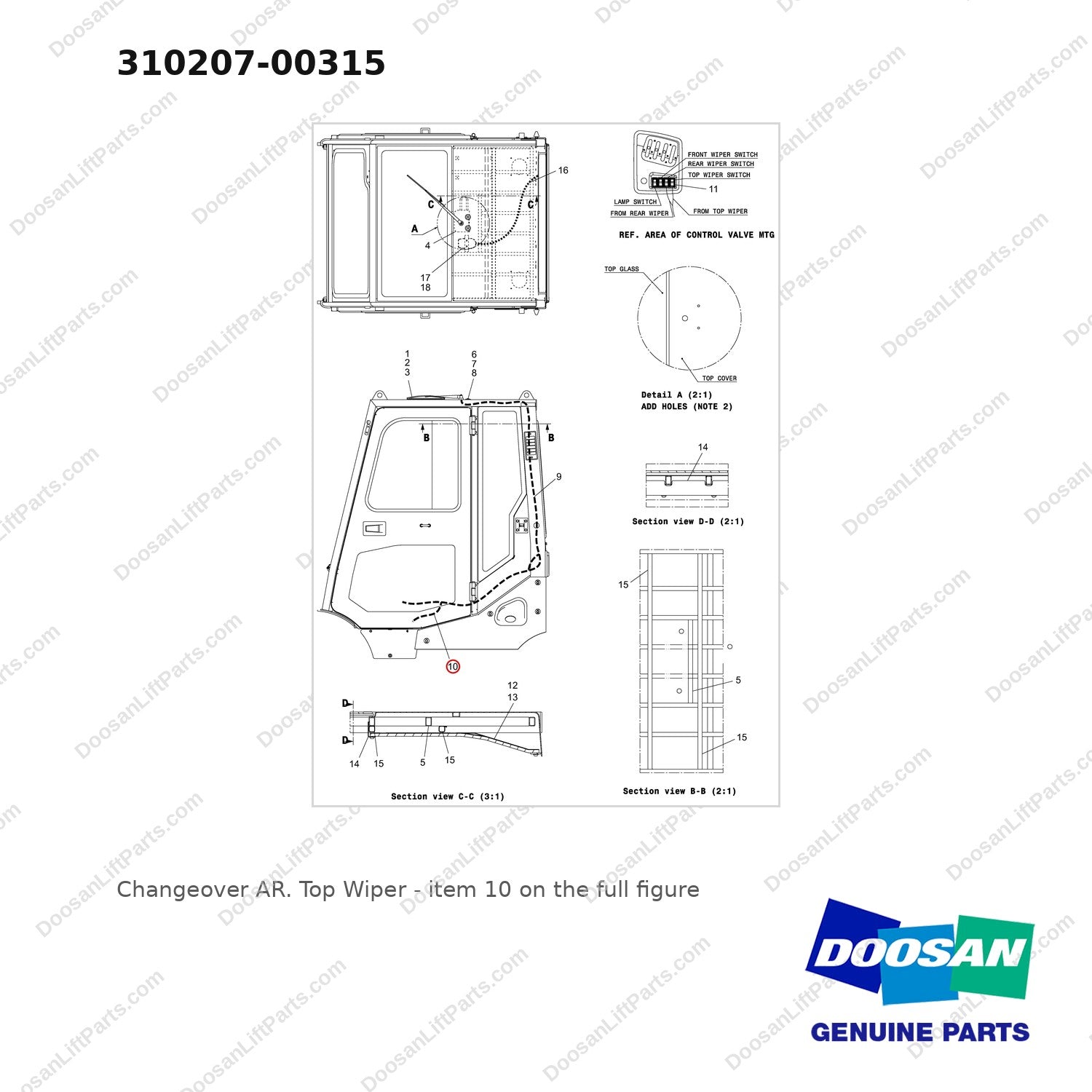 310207-00315 Changeover AR. Top Wiper - full parts diagram, item 10 marked - genuine Doosan / Bobcat forklift part