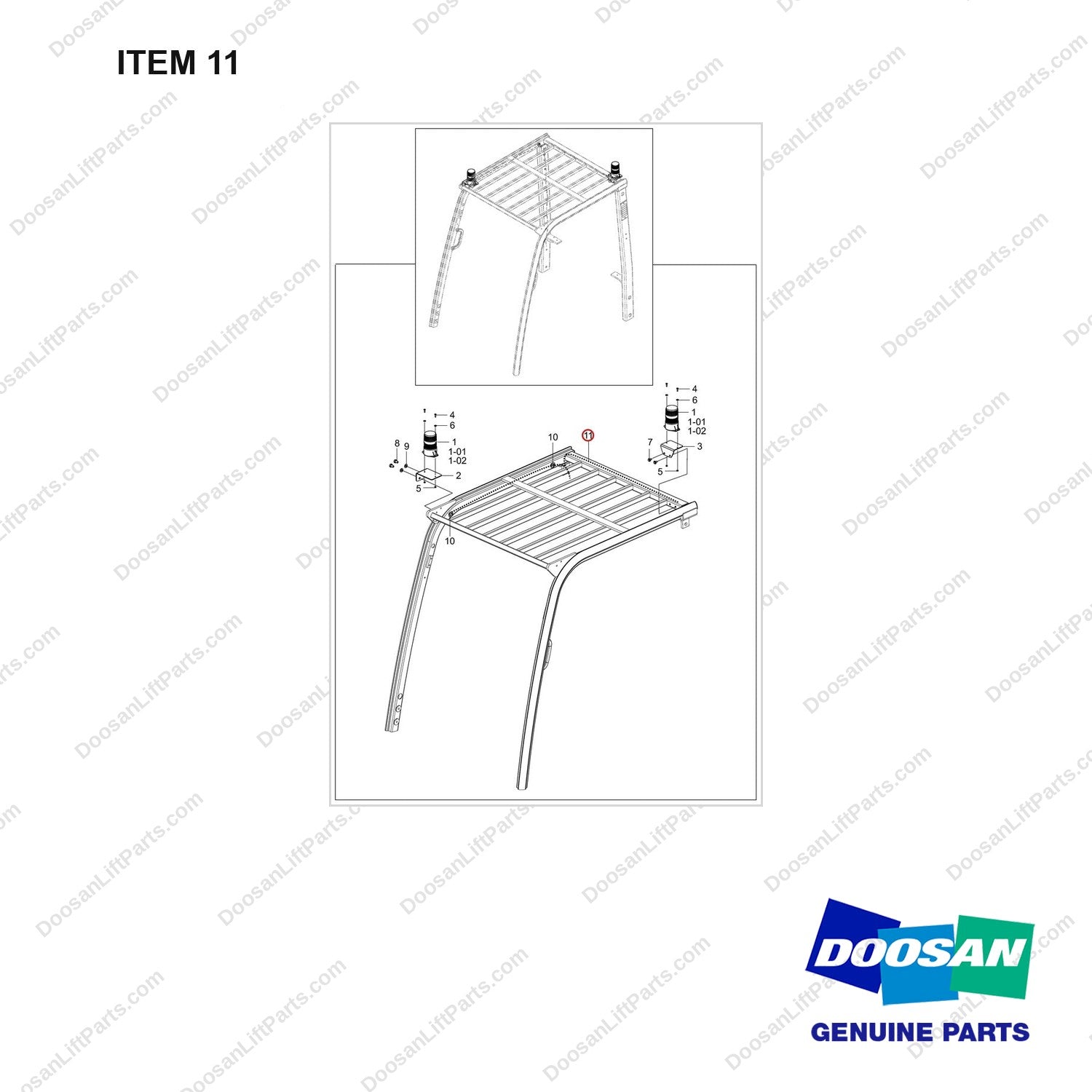 310207-00432 2 STROBE,AMBER,ABOVE,CROWN - full parts diagram, item 11 marked - genuine Doosan / Bobcat forklift part