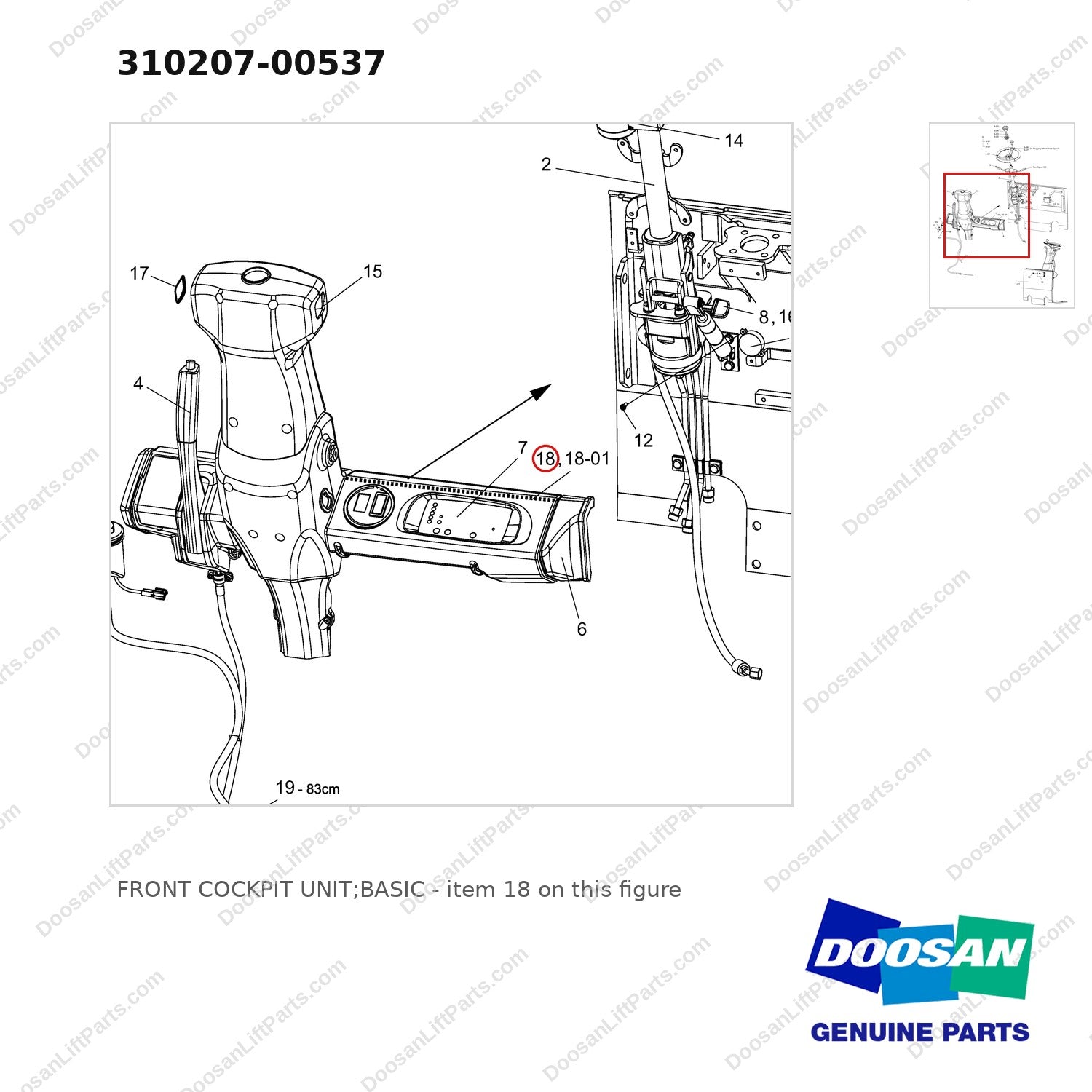 310207-00537 FRONT COCKPIT UNIT;BASIC - parts diagram, item 18 shown - genuine Doosan / Bobcat forklift part