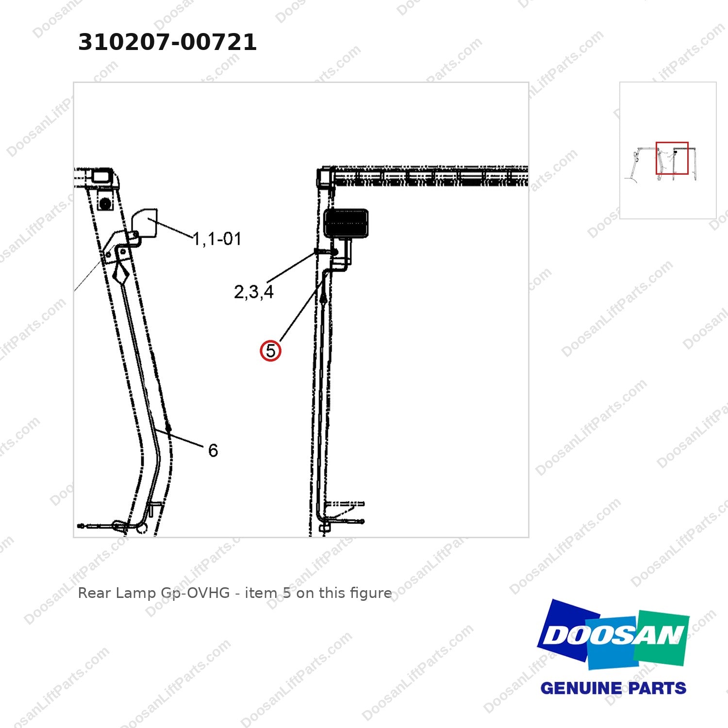 310207-00721 Rear Lamp Gp-OVHG - parts diagram, item 5 shown - genuine Doosan / Bobcat forklift part