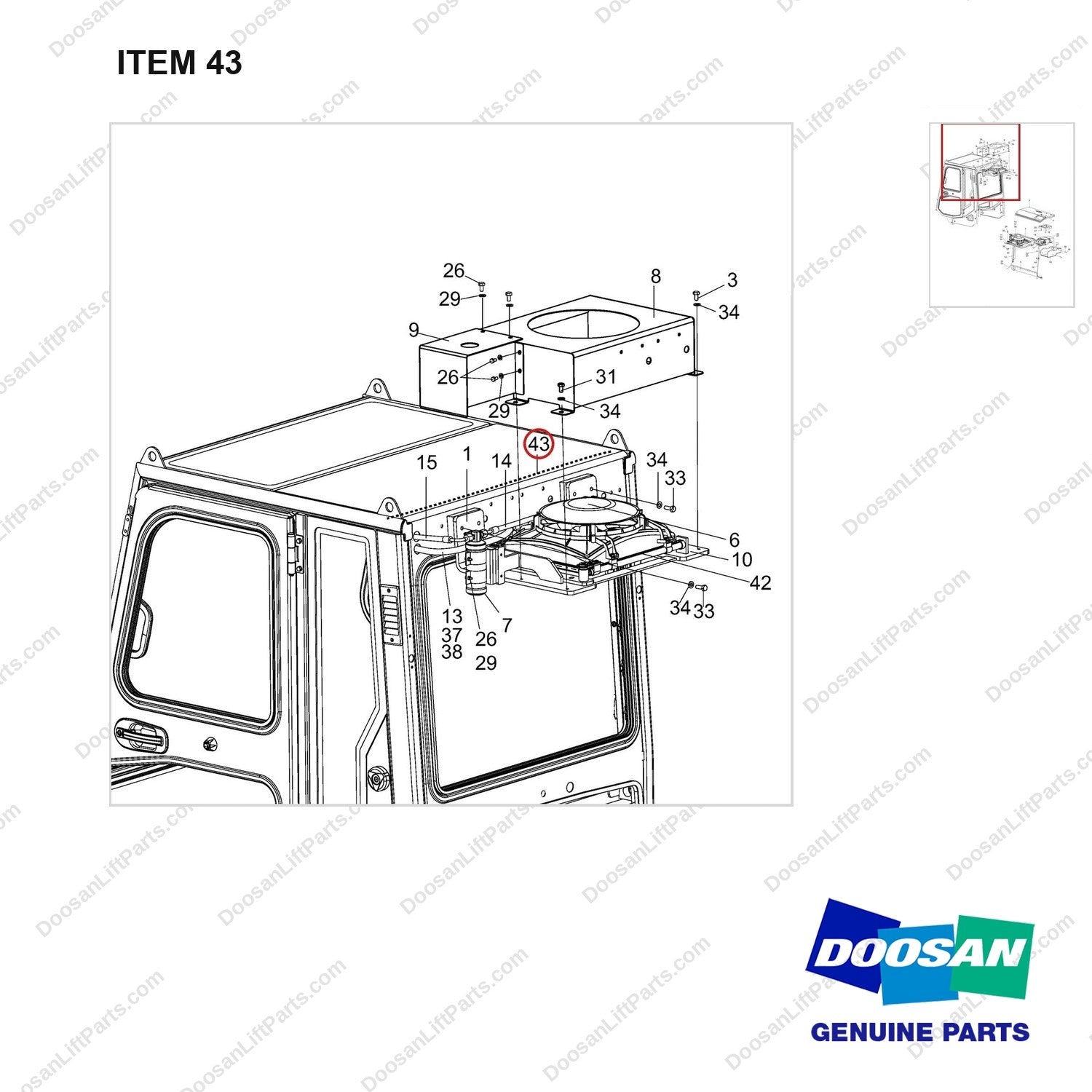 310207-00850 Airconditioner Gp-OVHG Rear Mounting - parts diagram, item 43 shown - genuine Doosan / Bobcat forklift part