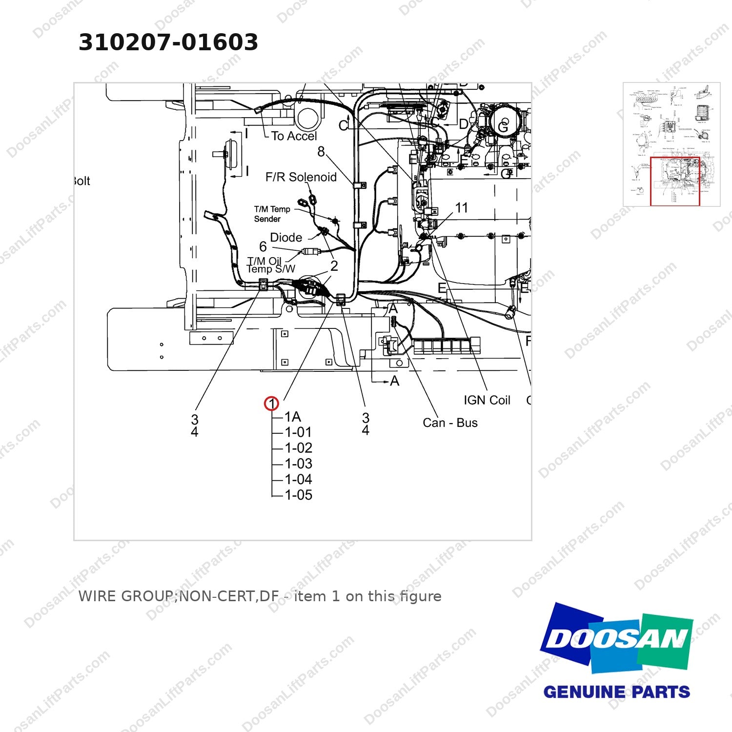 310207-01603 WIRE GROUP;NON-CERT,DF - parts diagram, item 1 shown - genuine Doosan / Bobcat forklift part