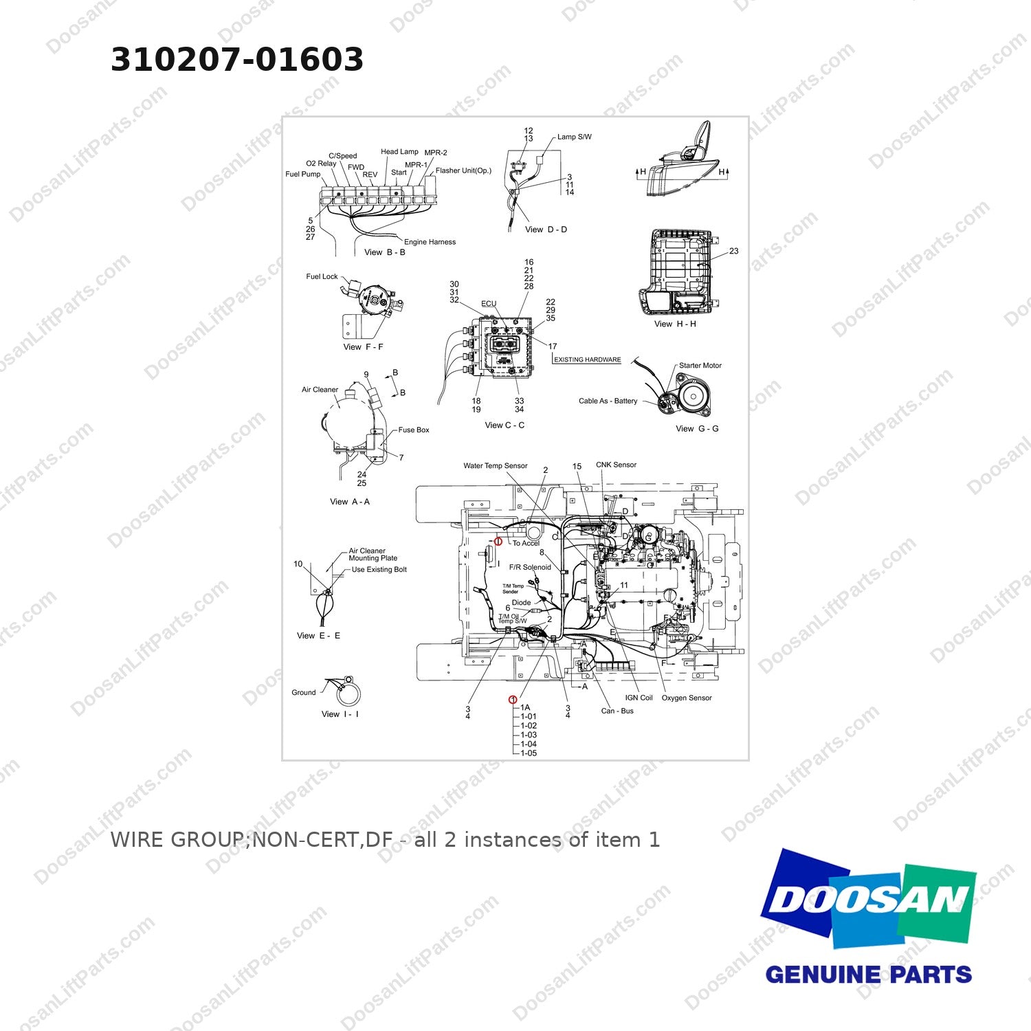 310207-01603 WIRE GROUP;NON-CERT,DF - full parts diagram, item 1 marked - genuine Doosan / Bobcat forklift part