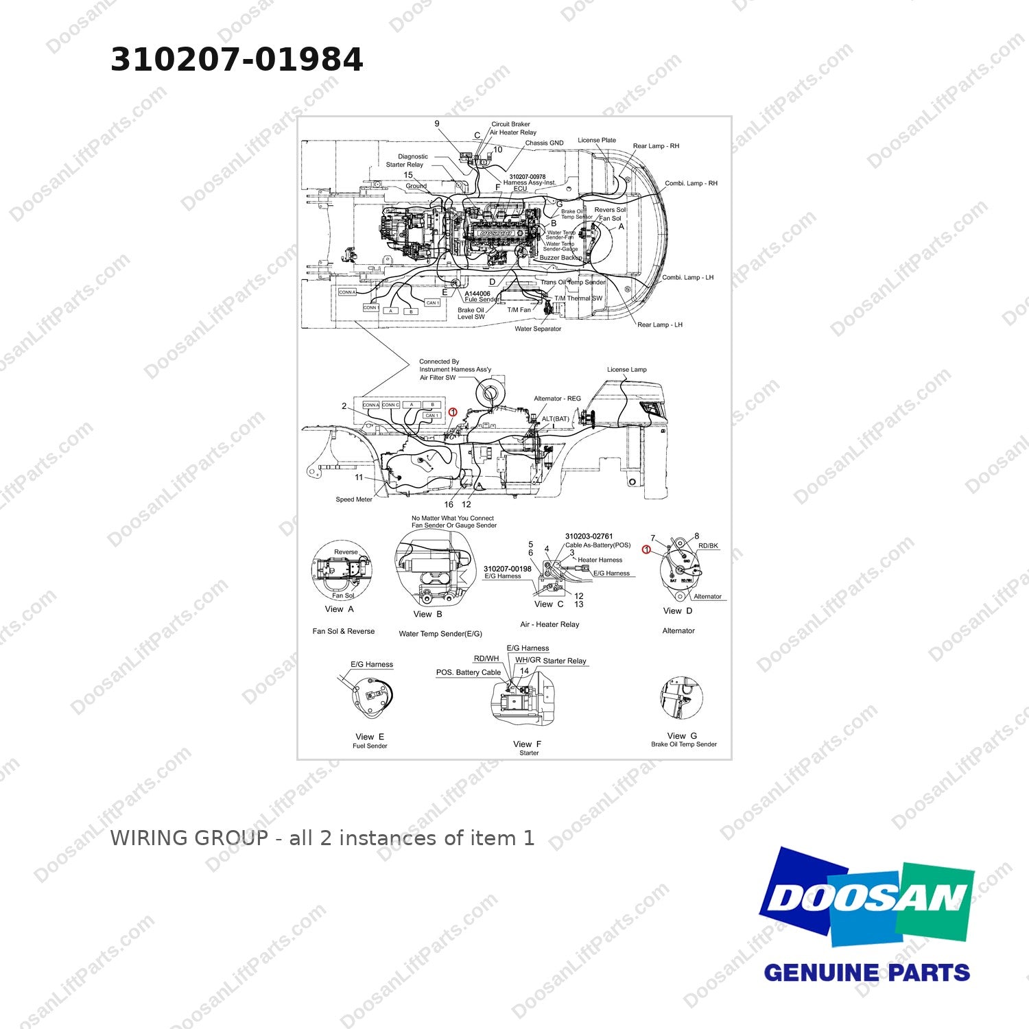 310207-01984 WIRING GROUP - full parts diagram, item 1 marked - genuine Doosan / Bobcat forklift part