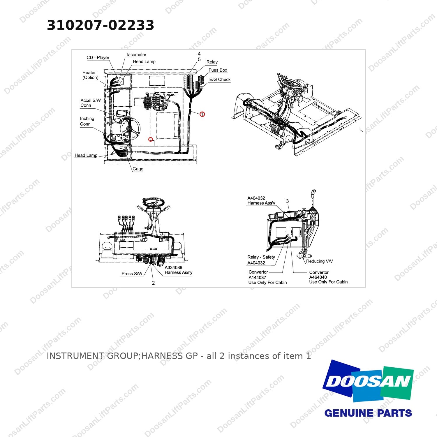 310207-02233 INSTRUMENT GROUP;HARNESS GP - full parts diagram, item 1 marked - genuine Doosan / Bobcat forklift part