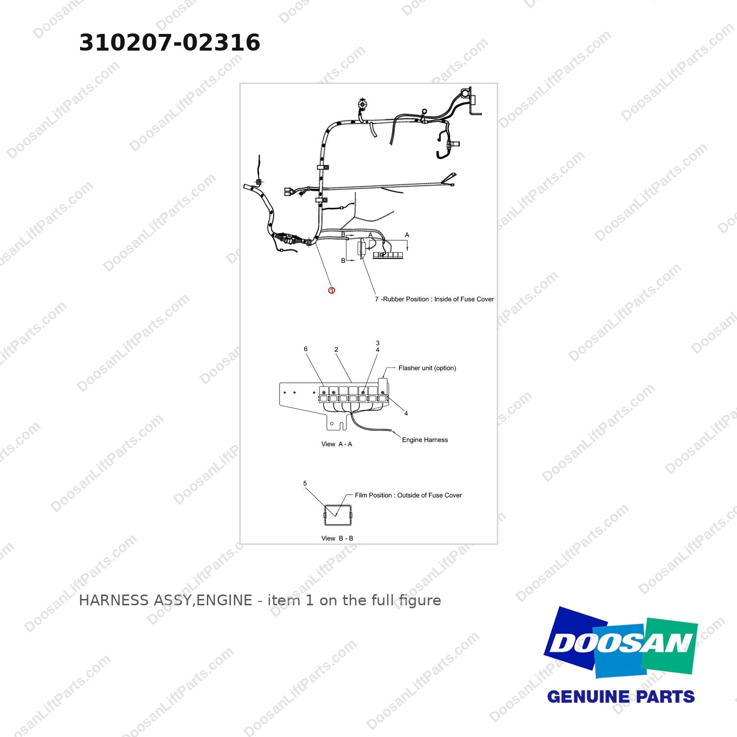 310207-02316 HARNESS ASSY,ENGINE - full parts diagram, item 1 marked - genuine Doosan / Bobcat forklift part