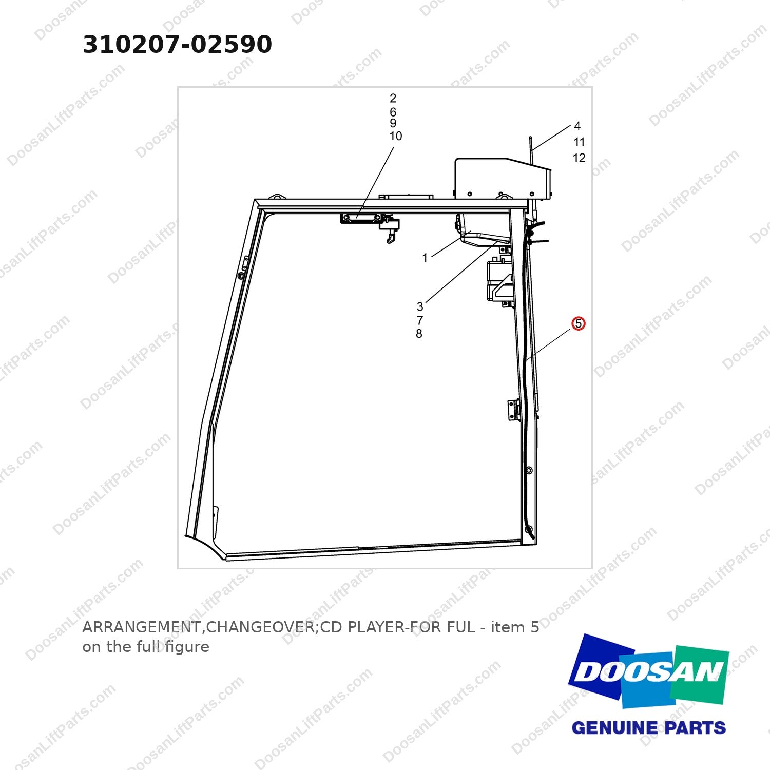 310207-02590 ARRANGEMENT,CHANGEOVER;CD PLAYER-FOR FUL - full parts diagram, item 5 marked - genuine Doosan / Bobcat forklift part