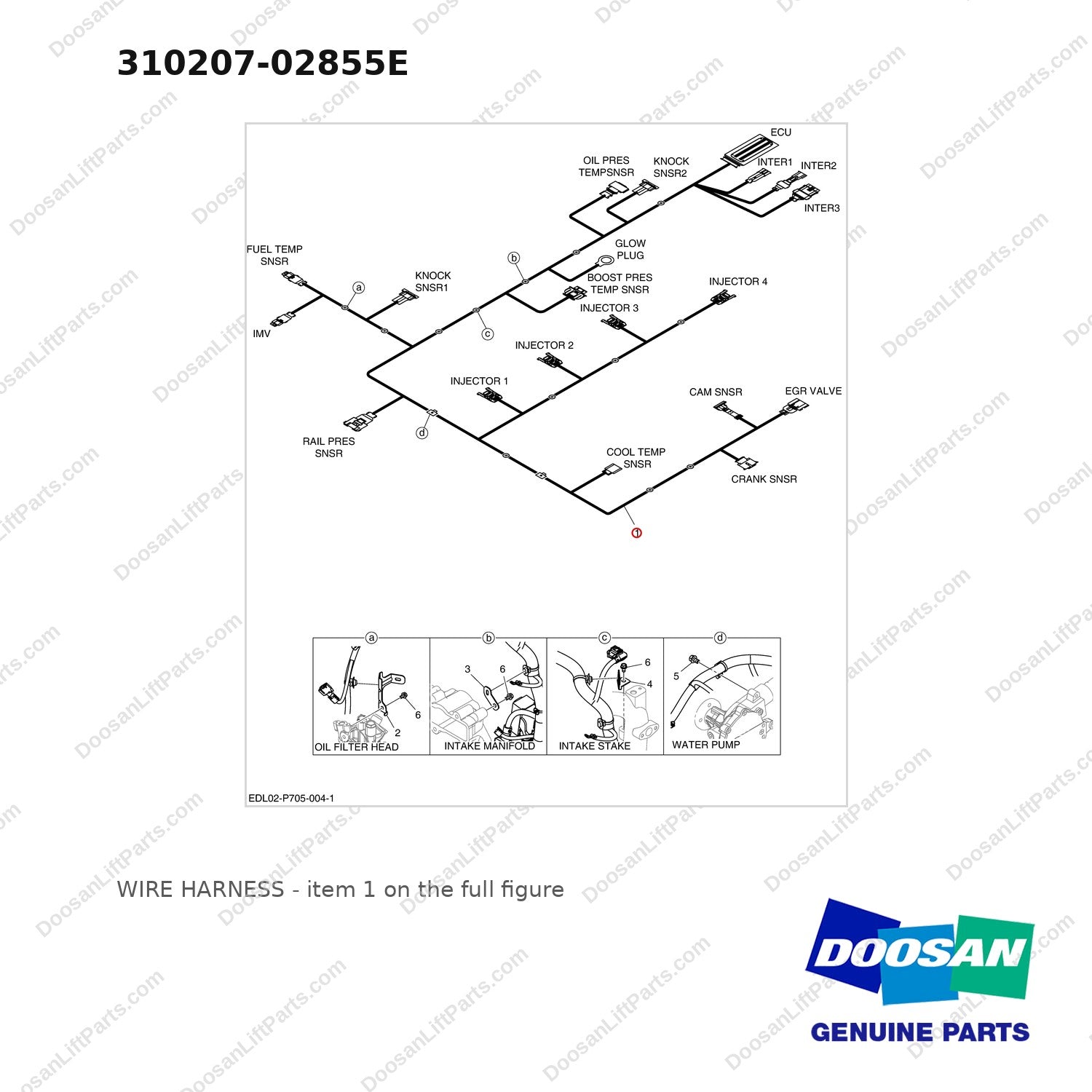 310207-02855E WIRE HARNESS - full parts diagram, item 1 marked - genuine Doosan / Bobcat forklift part