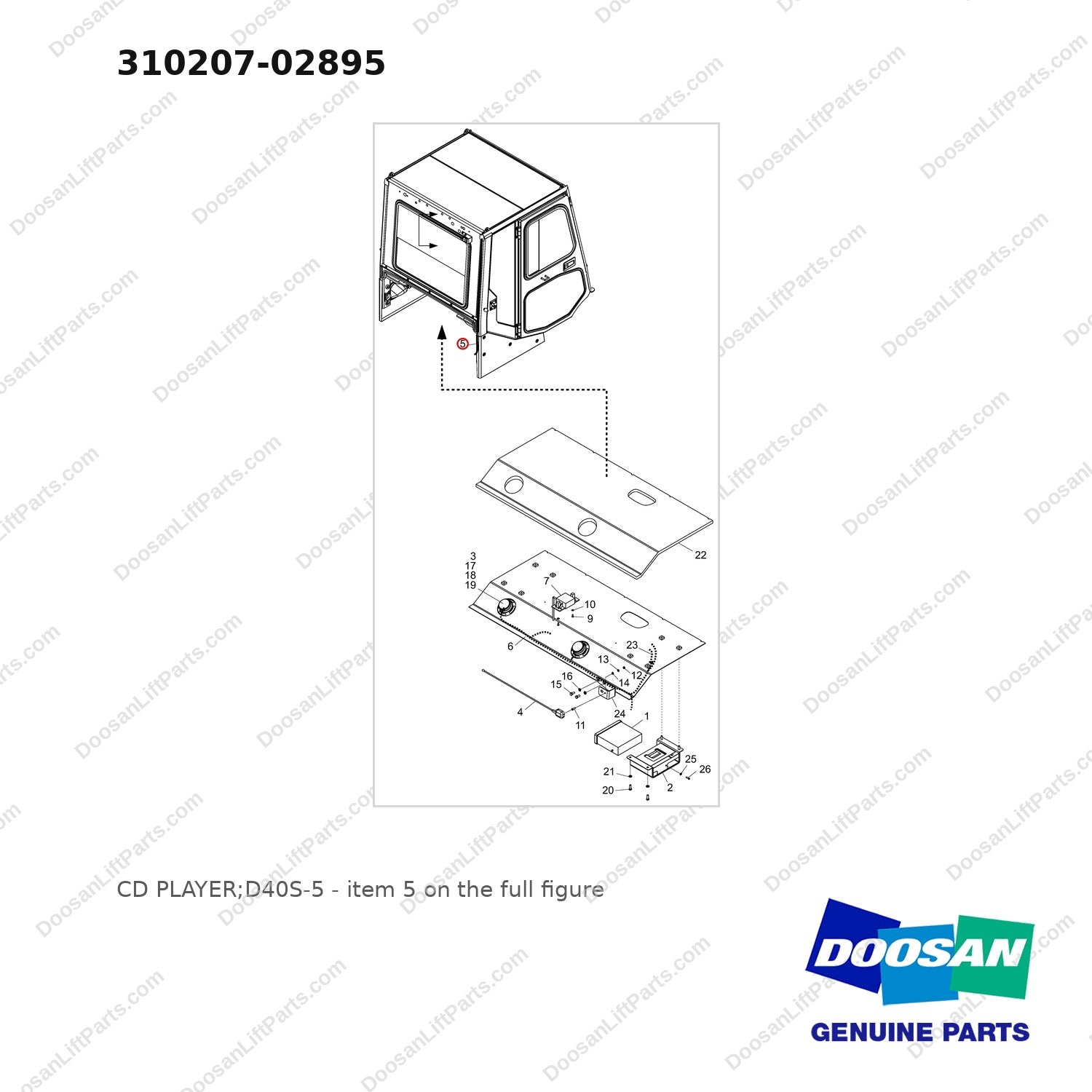 310207-02895 CD PLAYER;D40S-5 - full parts diagram, item 5 marked - genuine Doosan / Bobcat forklift part