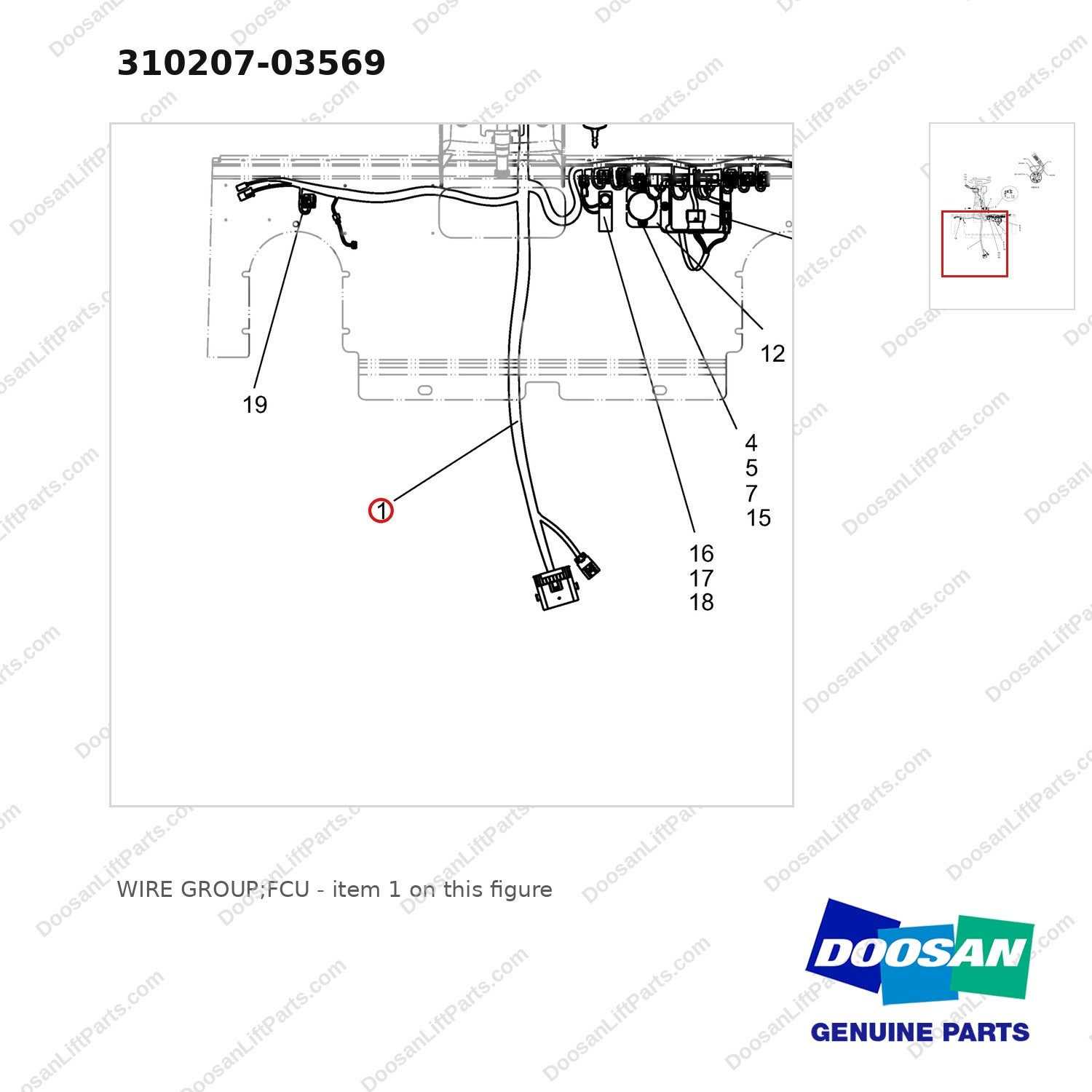 310207-03569 WIRE GROUP;FCU - parts diagram, item 1 shown - genuine Doosan / Bobcat forklift part
