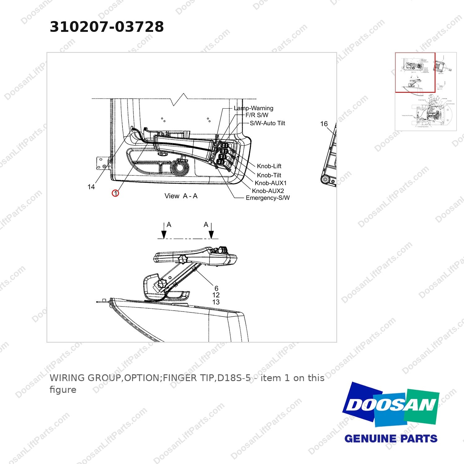 310207-03728 WIRING GROUP,OPTION;FINGER TIP,D18S-5 - parts diagram, item 1 shown - genuine Doosan / Bobcat forklift part