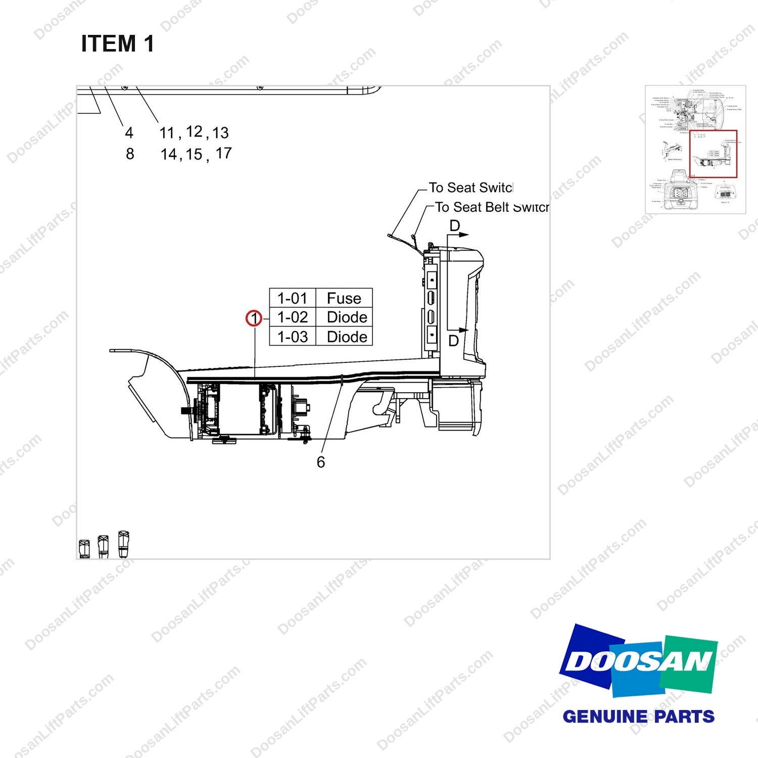 310207-03824 Wiring Gp - 36/48 Volt - parts diagram, item 1 shown - genuine Doosan / Bobcat forklift part