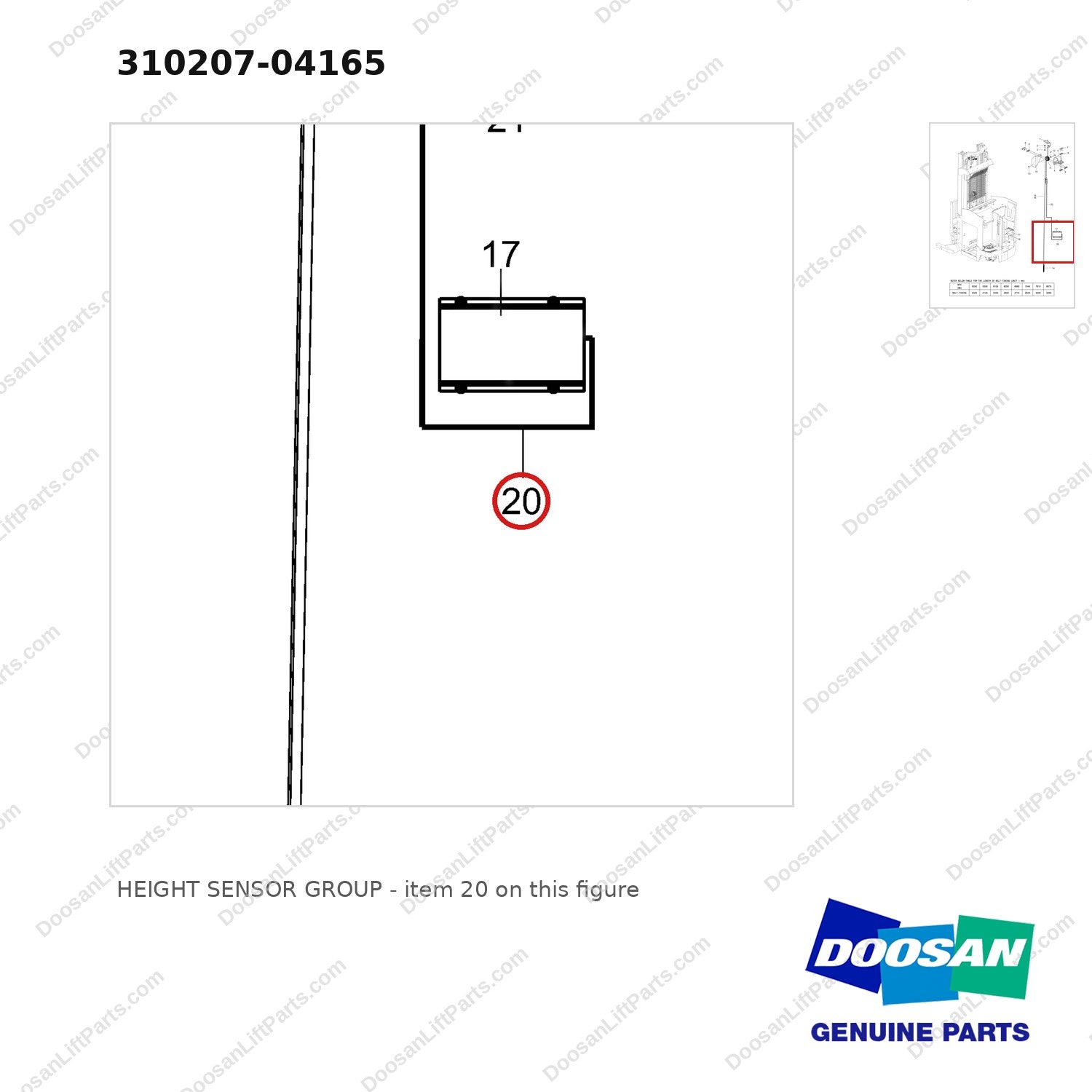 310207-04165 HEIGHT SENSOR GROUP - parts diagram, item 20 shown - genuine Doosan / Bobcat forklift part