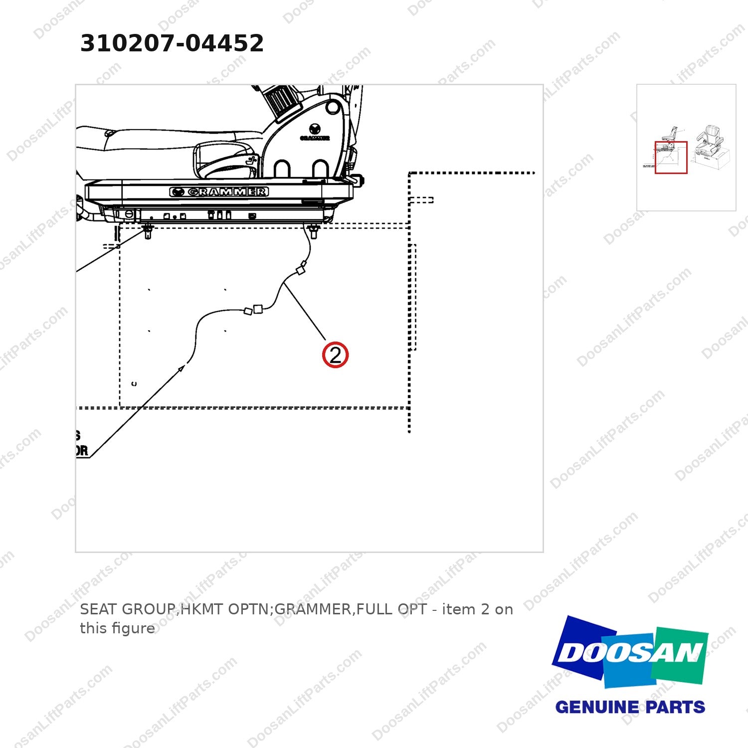 310207-04452 SEAT GROUP,HKMT OPTN;GRAMMER,FULL OPT - parts diagram, item 2 shown - genuine Doosan / Bobcat forklift part