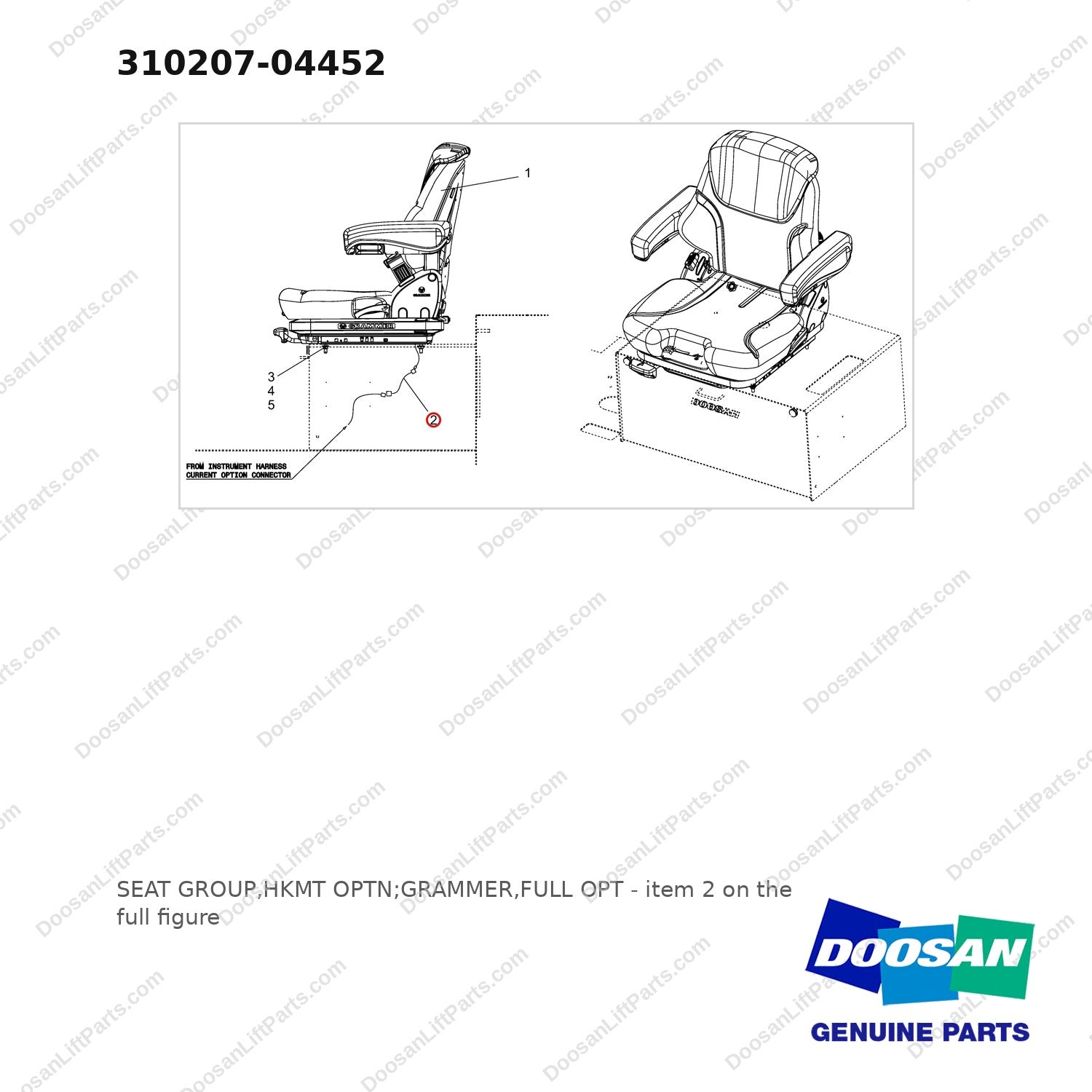 310207-04452 SEAT GROUP,HKMT OPTN;GRAMMER,FULL OPT - full parts diagram, item 2 marked - genuine Doosan / Bobcat forklift part