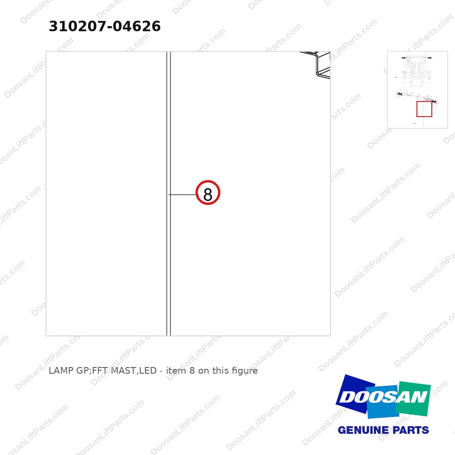 310207-04626 LAMP GP;FFT MAST,LED - parts diagram, item 8 shown - genuine Doosan / Bobcat forklift part