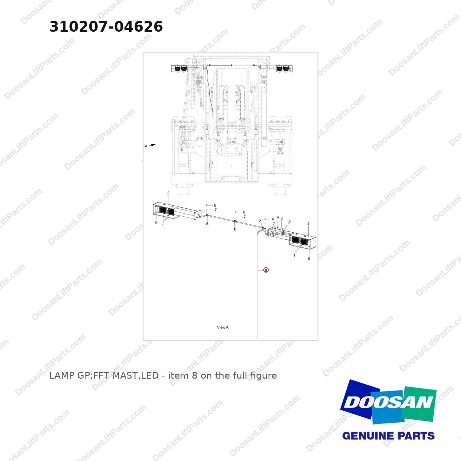 310207-04626 LAMP GP;FFT MAST,LED - full parts diagram, item 8 marked - genuine Doosan / Bobcat forklift part