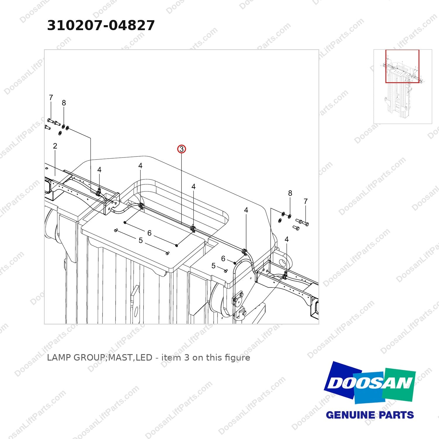 310207-04827 LAMP GROUP;MAST,LED - parts diagram, item 3 shown - genuine Doosan / Bobcat forklift part