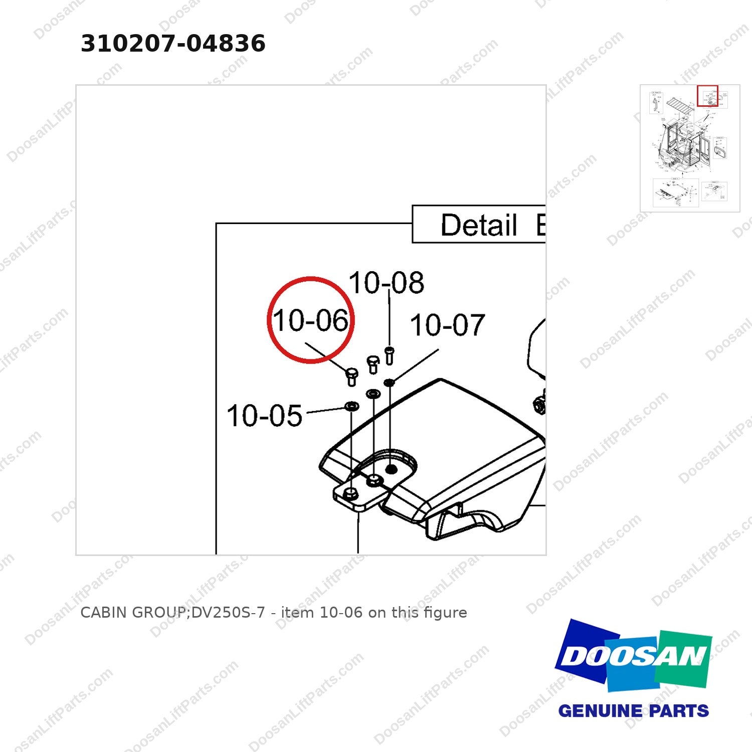 310207-04836 CABIN GROUP;DV250S-7 - parts diagram, item 10-06 shown - genuine Doosan / Bobcat forklift part