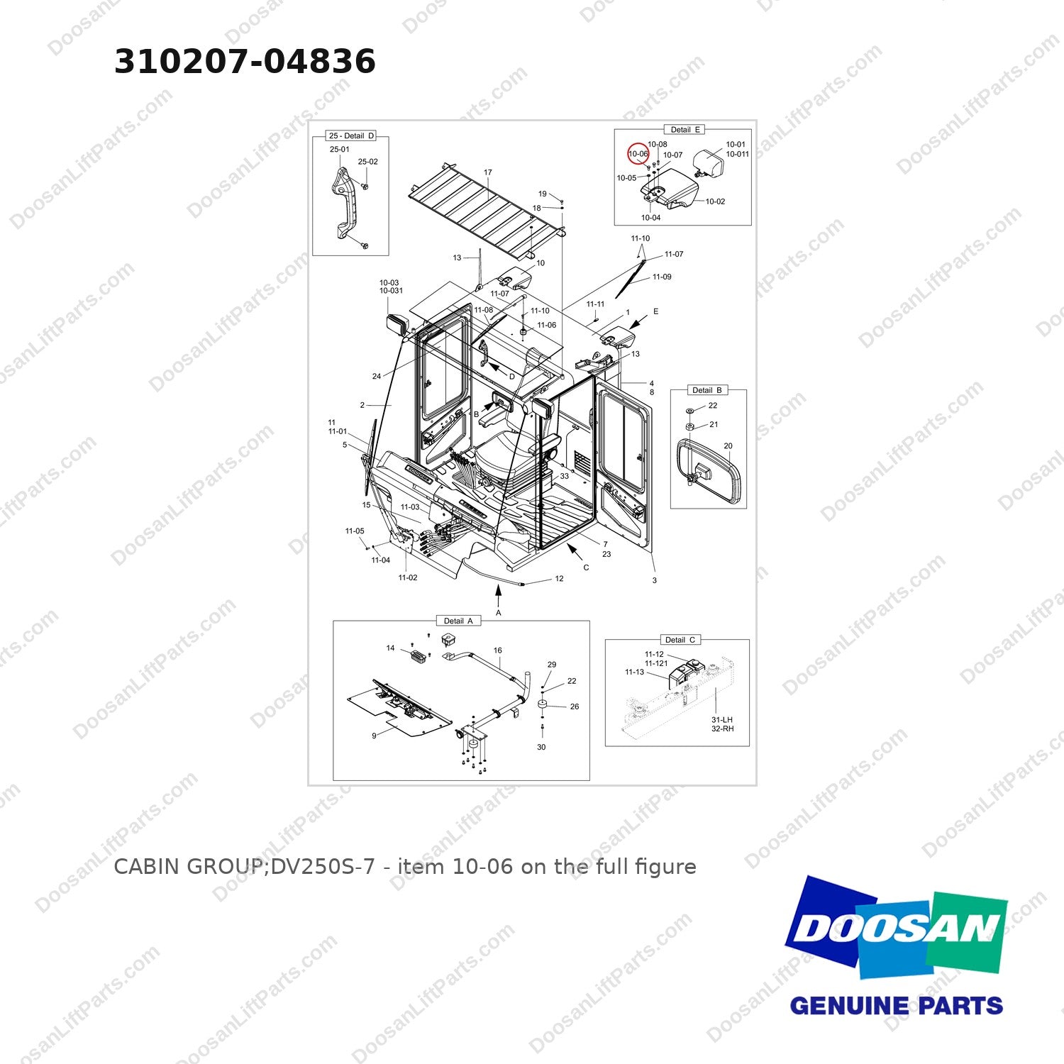 310207-04836 CABIN GROUP;DV250S-7 - full parts diagram, item 10-06 marked - genuine Doosan / Bobcat forklift part