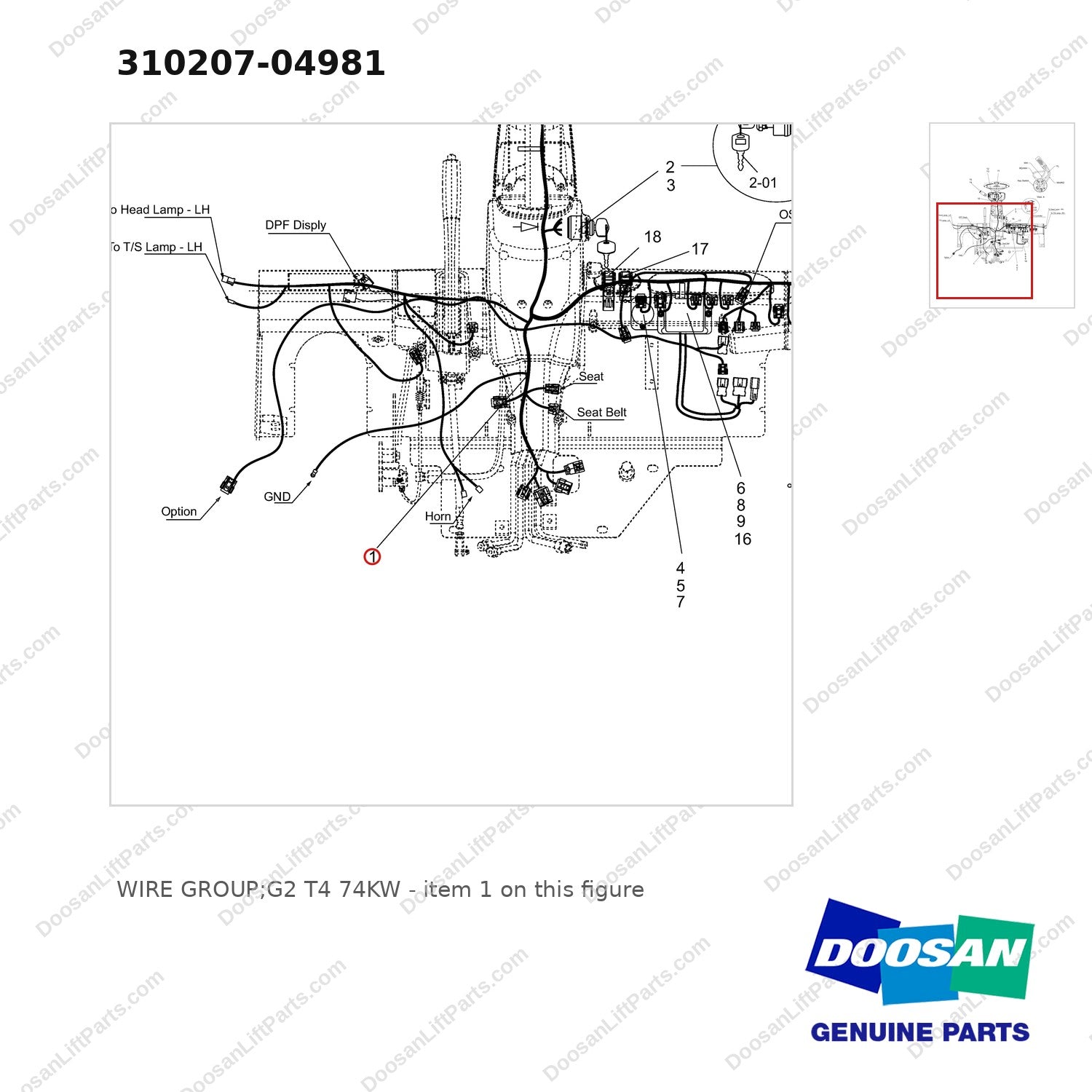 310207-04981 WIRE GROUP;G2 T4 74KW - parts diagram, item 1 shown - genuine Doosan / Bobcat forklift part