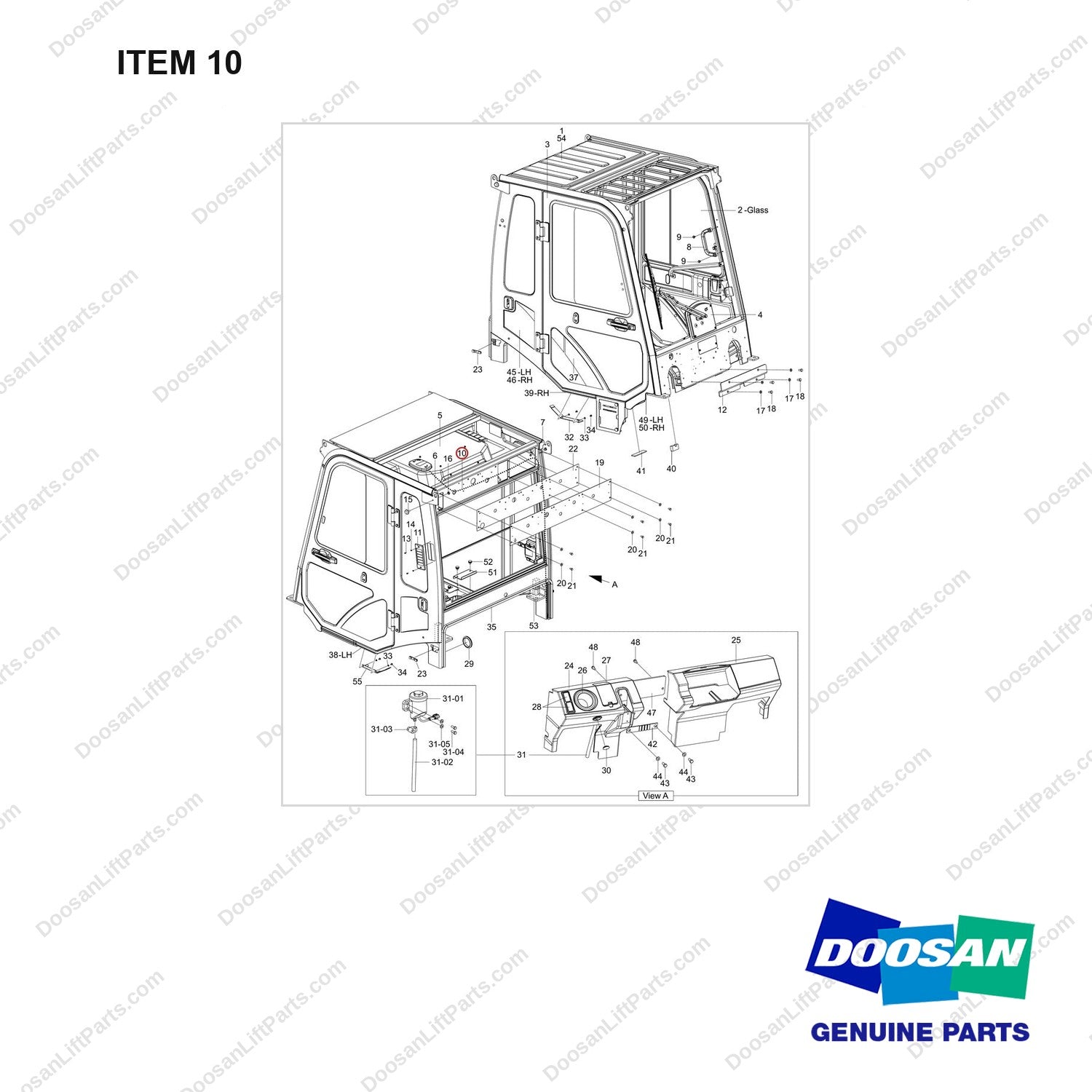 310207-05026 FULL CABIN - full parts diagram, item 10 marked - genuine Doosan / Bobcat forklift part
