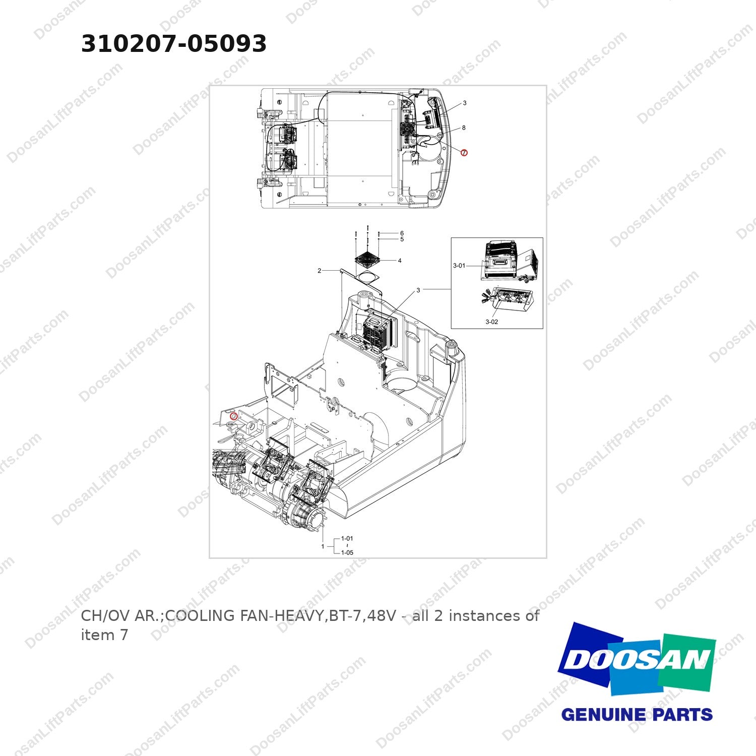 310207-05093 CH/OV AR.;COOLING FAN-HEAVY,BT-7,48V - full parts diagram, item 7 marked - genuine Doosan / Bobcat forklift part