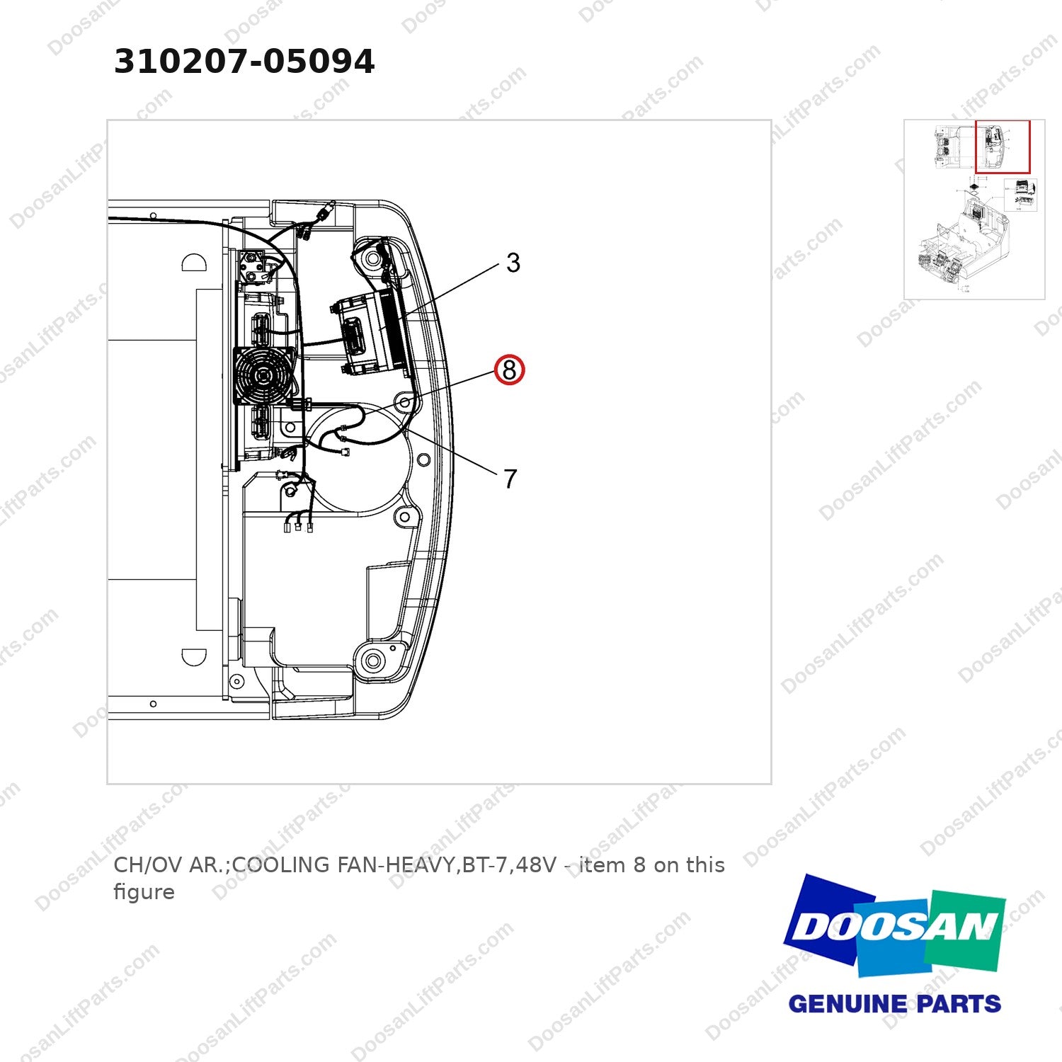 310207-05094 CH/OV AR.;COOLING FAN-HEAVY,BT-7,48V - parts diagram, item 8 shown - genuine Doosan / Bobcat forklift part