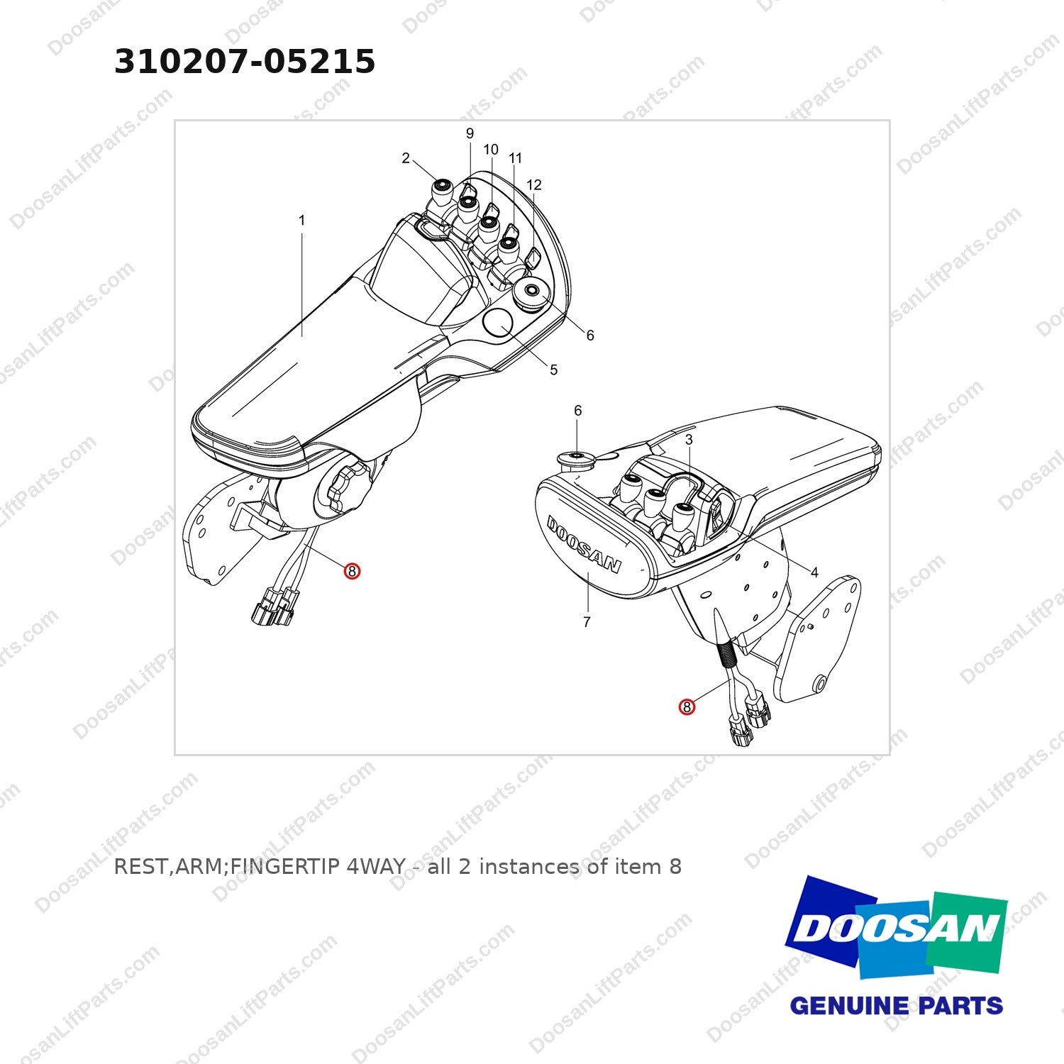 310207-05215 REST,ARM;FINGERTIP 4WAY - full parts diagram, item 8 marked - genuine Doosan / Bobcat forklift part
