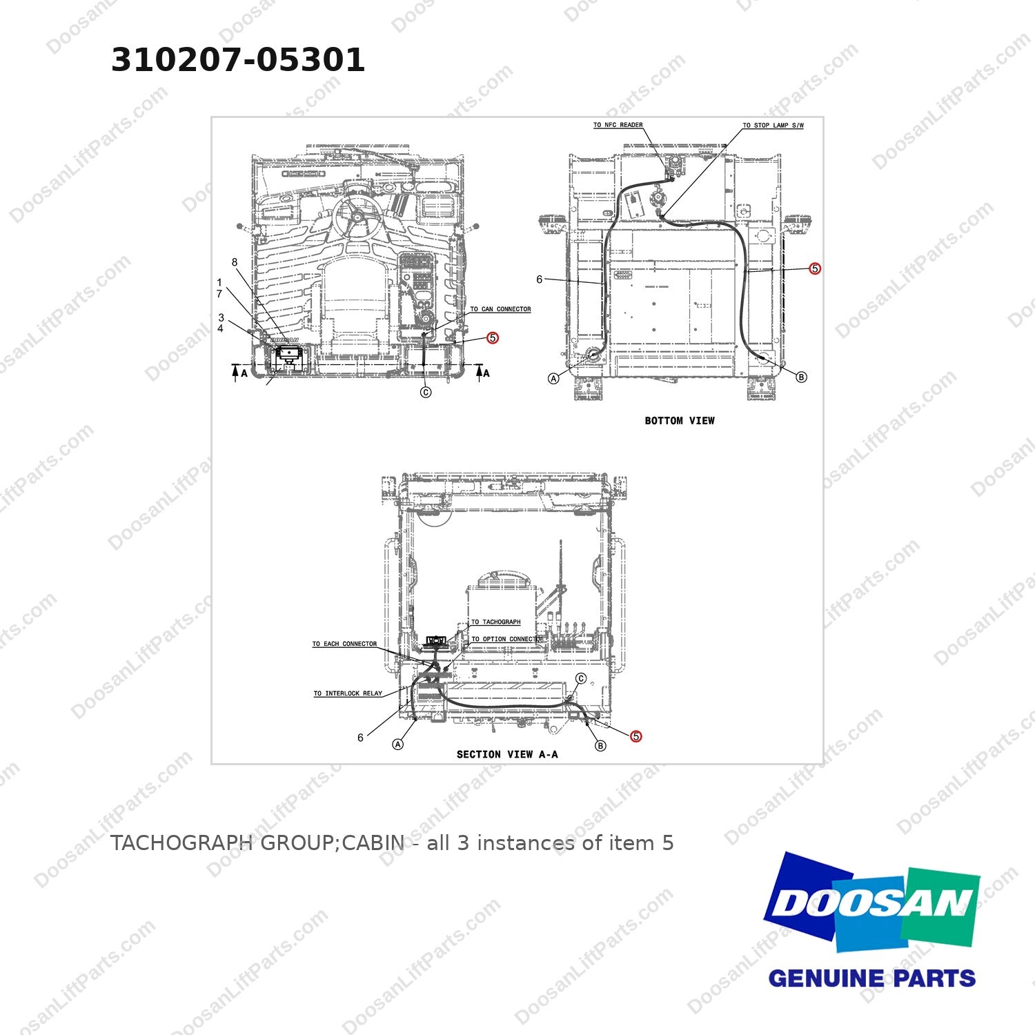 310207-05301 TACHOGRAPH GROUP;CABIN - full parts diagram, item 5 marked - genuine Doosan / Bobcat forklift part