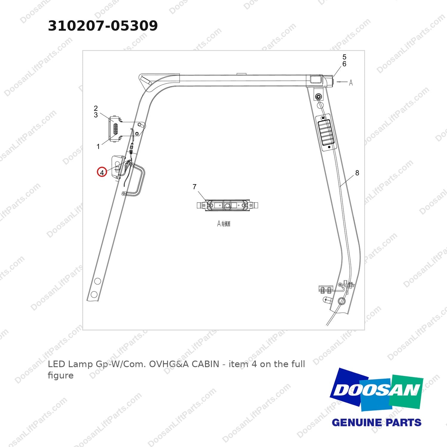 310207-05309 LED Lamp Gp-W/Com. OVHG&A CABIN - full parts diagram, item 4 marked - genuine Doosan / Bobcat forklift part