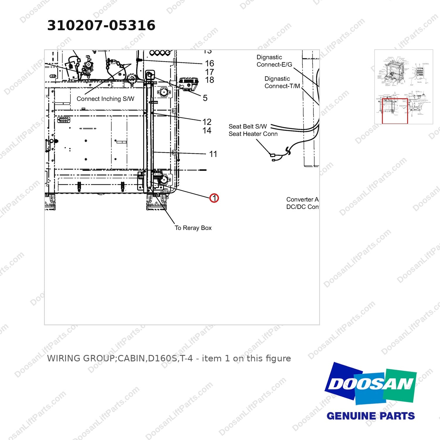 310207-05316 WIRING GROUP;CABIN,D160S,T-4 - parts diagram, item 1 shown - genuine Doosan / Bobcat forklift part