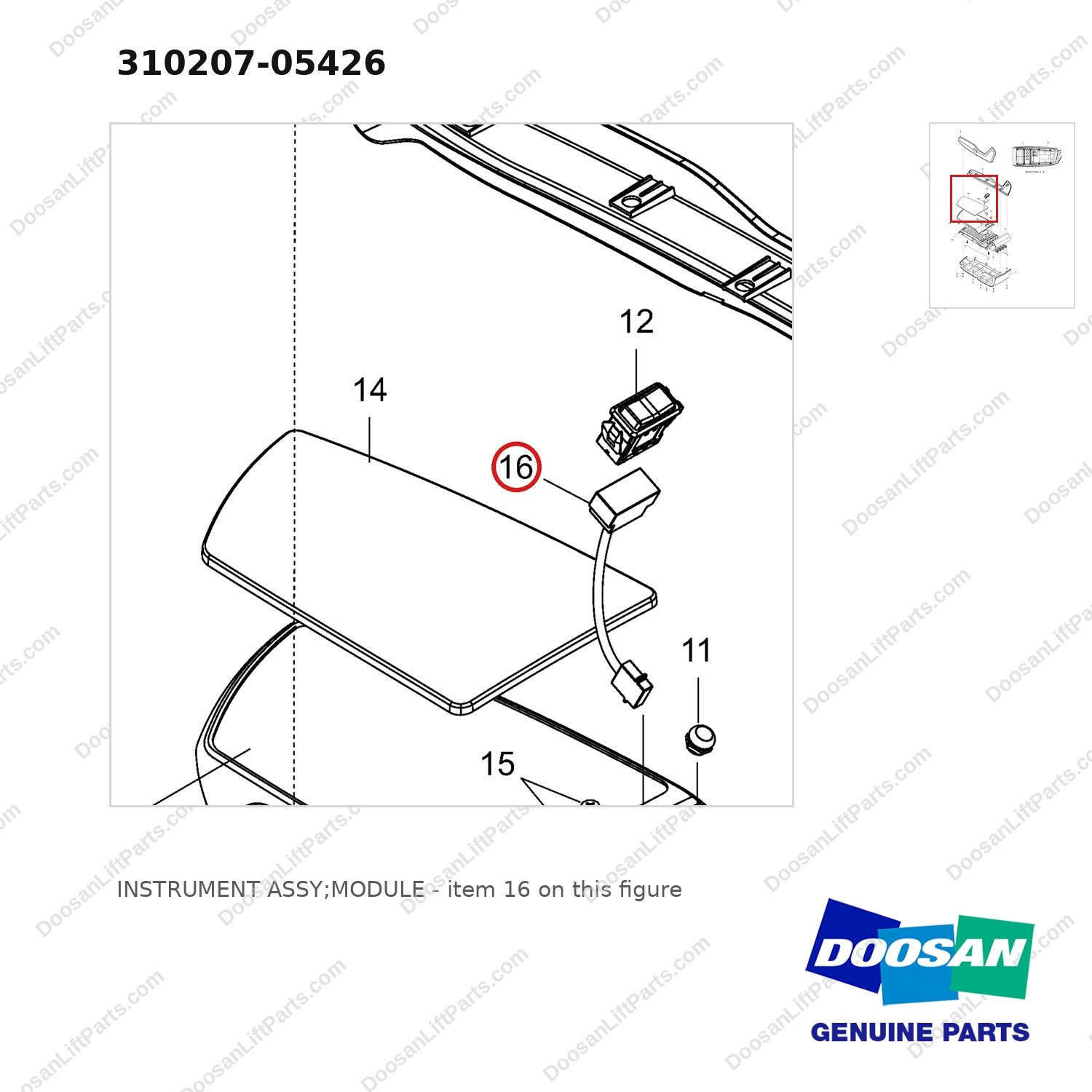 310207-05426 INSTRUMENT ASSY;MODULE - parts diagram, item 16 shown - genuine Doosan / Bobcat forklift part