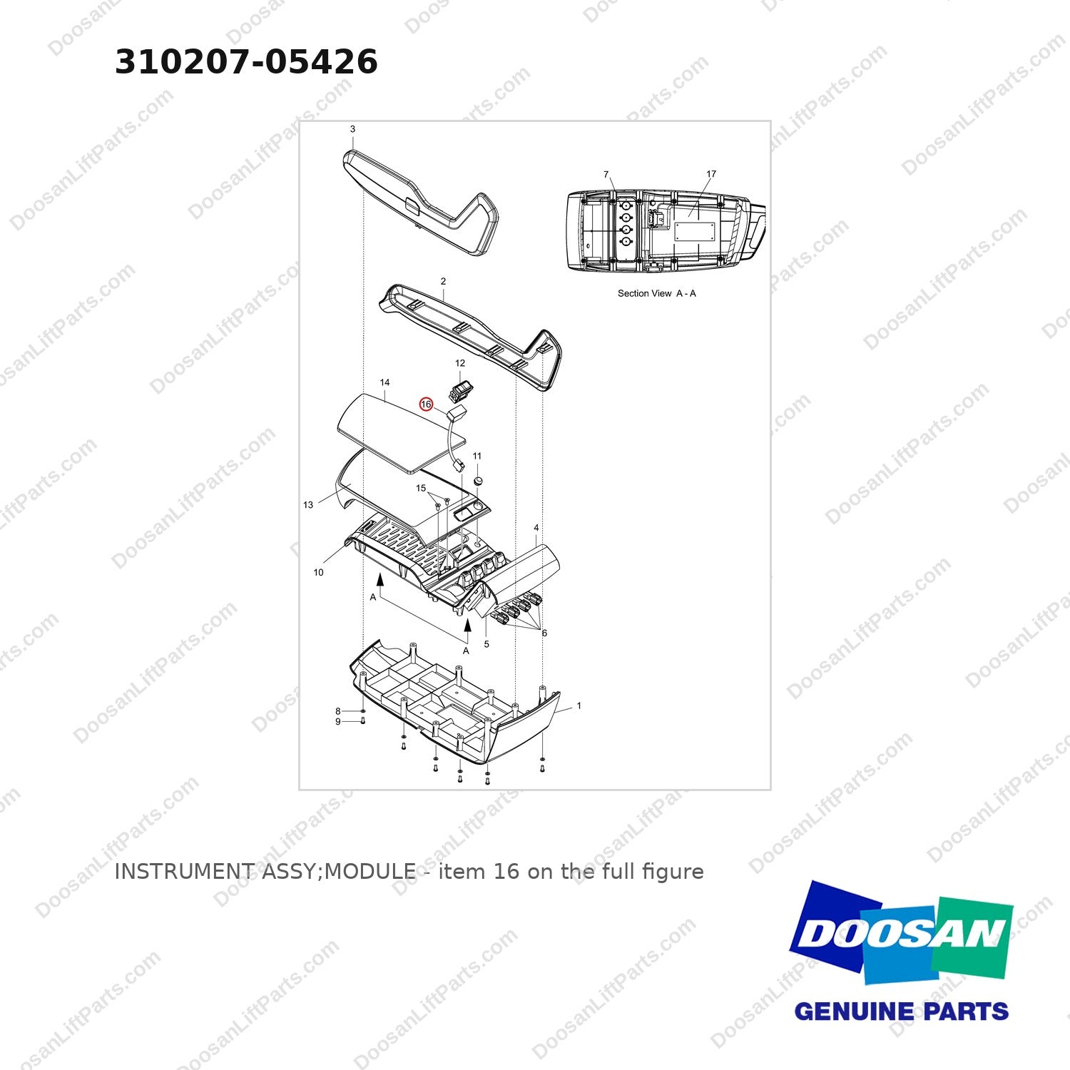 310207-05426 INSTRUMENT ASSY;MODULE - full parts diagram, item 16 marked - genuine Doosan / Bobcat forklift part