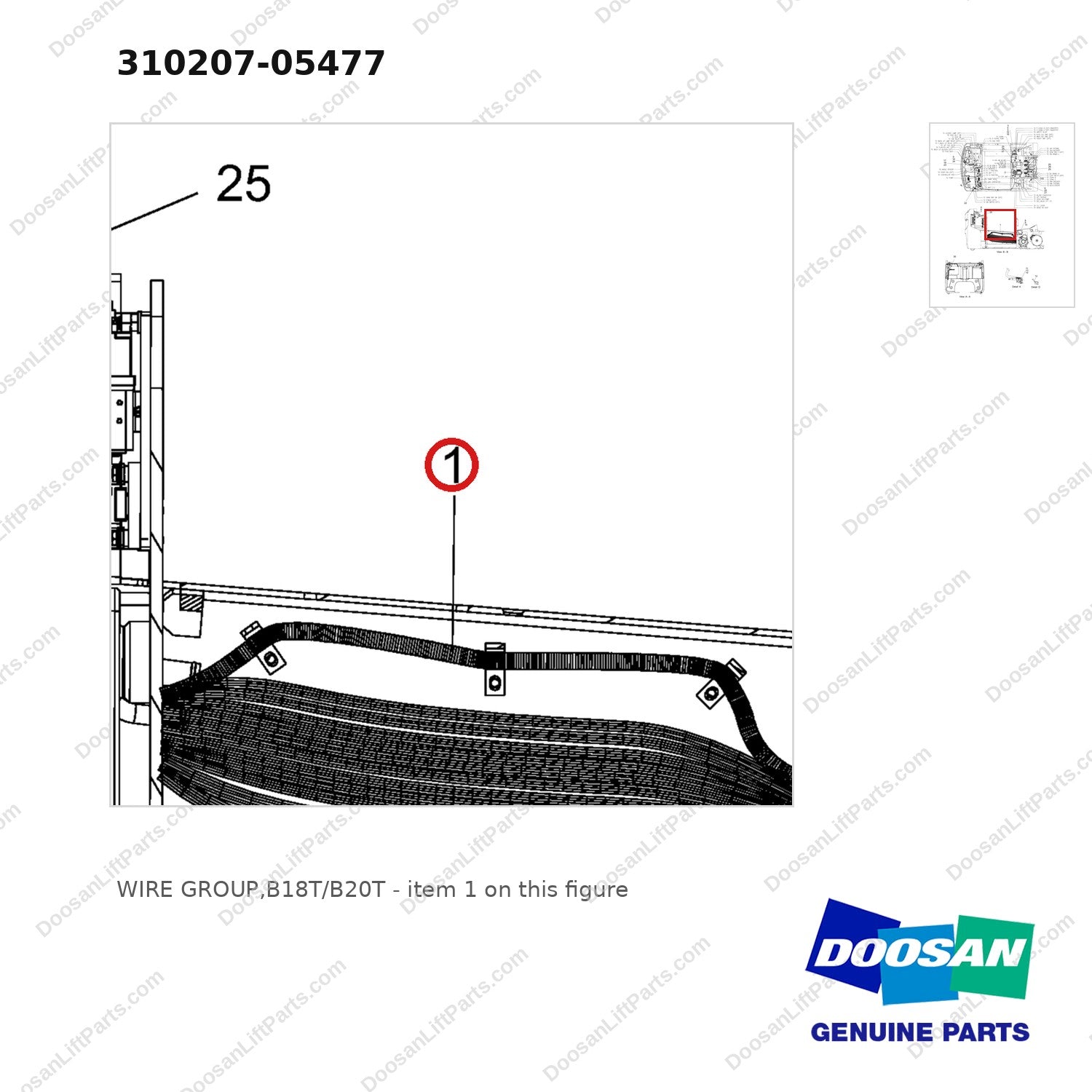 310207-05477 WIRE GROUP,B18T/B20T - parts diagram, item 1 shown - genuine Doosan / Bobcat forklift part