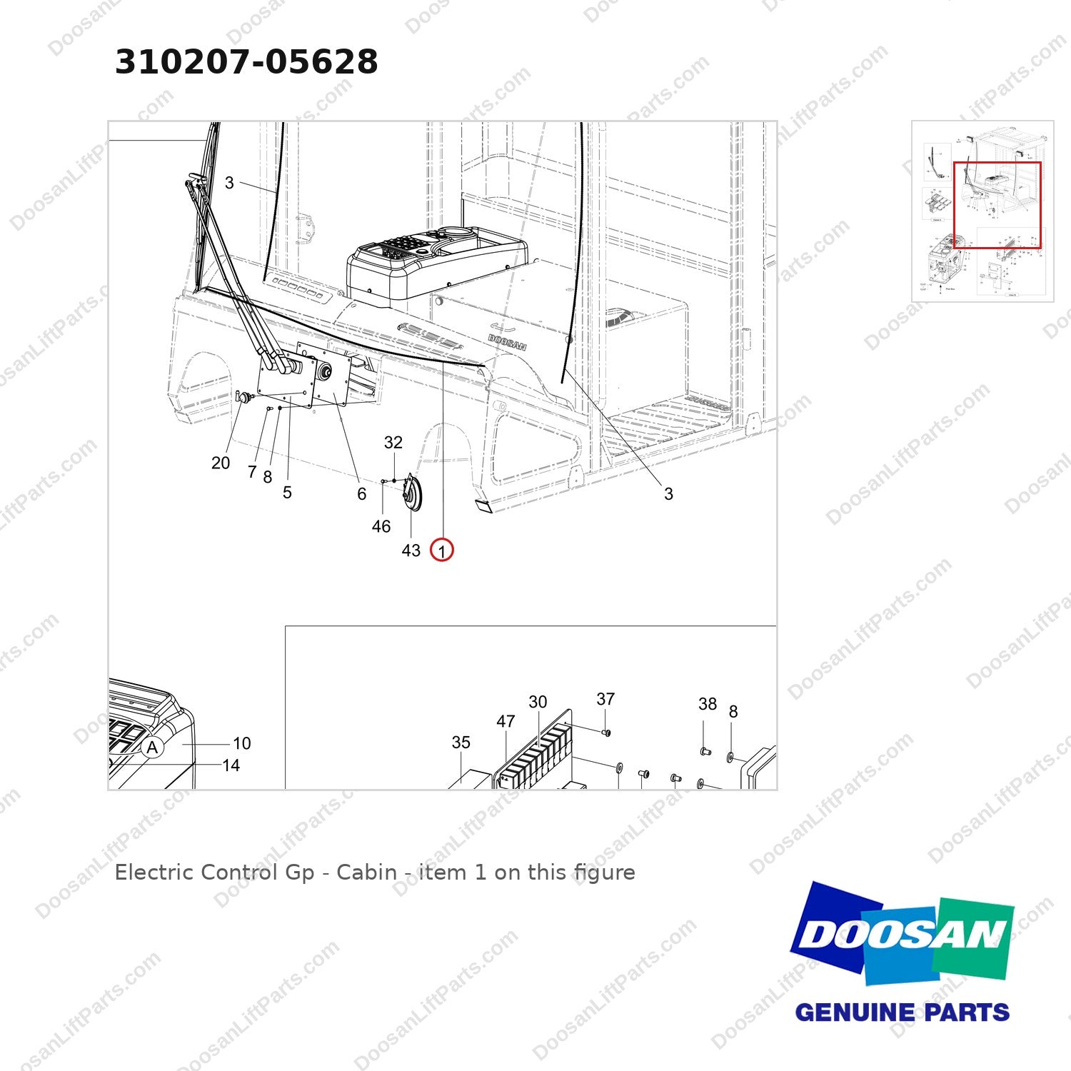 310207-05628 Electric Control  Gp - Cabin - parts diagram, item 1 shown - genuine Doosan / Bobcat forklift part