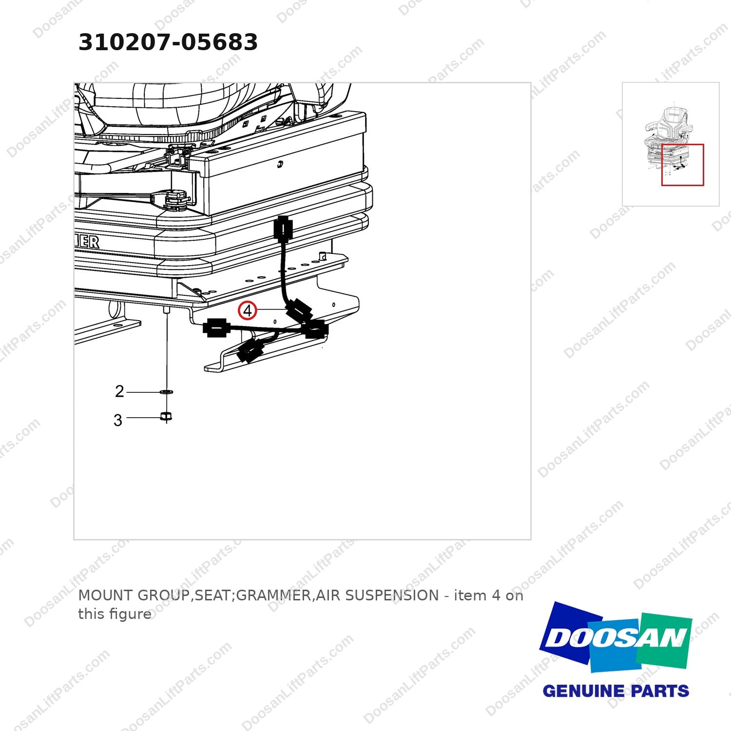 310207-05683 MOUNT GROUP,SEAT;GRAMMER,AIR SUSPENSION - parts diagram, item 4 shown - genuine Doosan / Bobcat forklift part