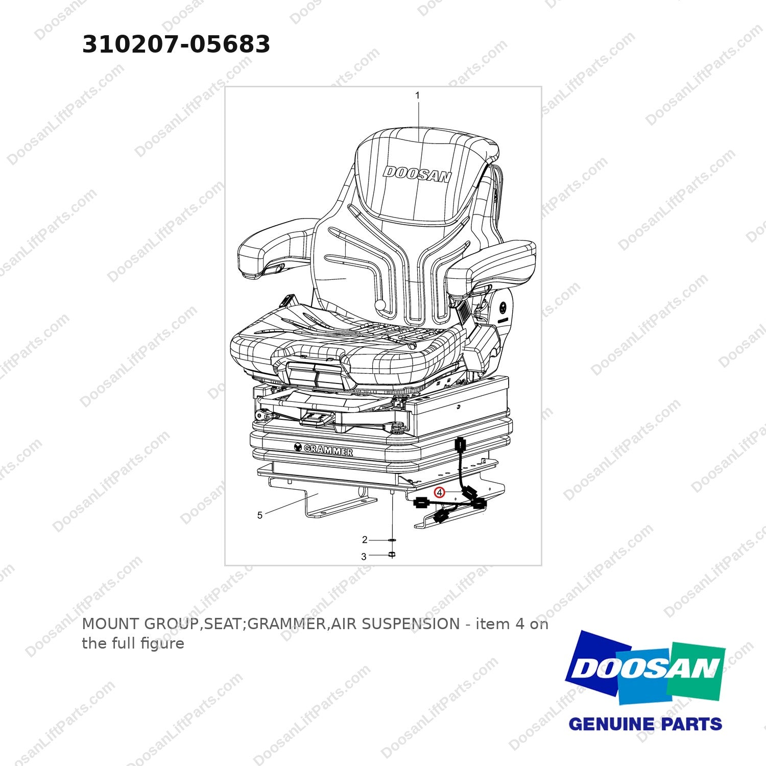 310207-05683 MOUNT GROUP,SEAT;GRAMMER,AIR SUSPENSION - full parts diagram, item 4 marked - genuine Doosan / Bobcat forklift part