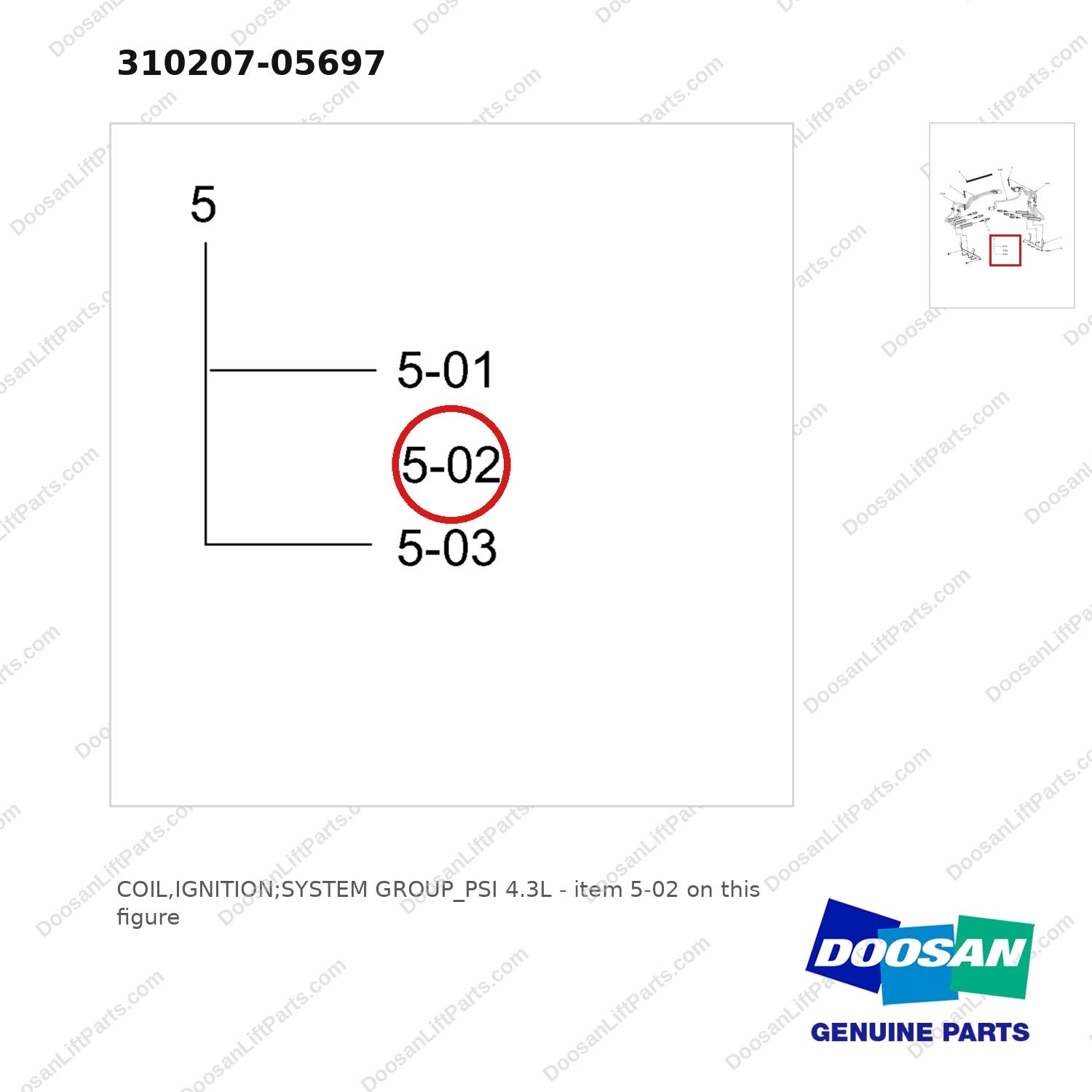 310207-05697 COIL,IGNITION;SYSTEM GROUP_PSI 4.3L - parts diagram, item 5-02 shown - genuine Doosan / Bobcat forklift part