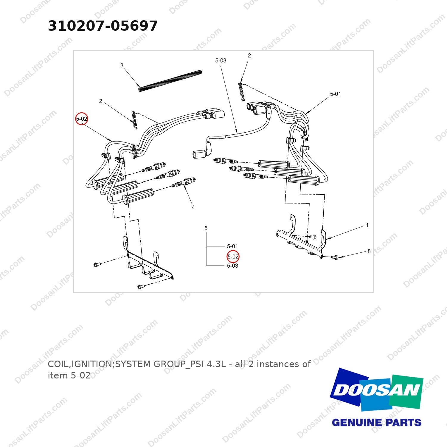 310207-05697 COIL,IGNITION;SYSTEM GROUP_PSI 4.3L - full parts diagram, item 5-02 marked - genuine Doosan / Bobcat forklift part