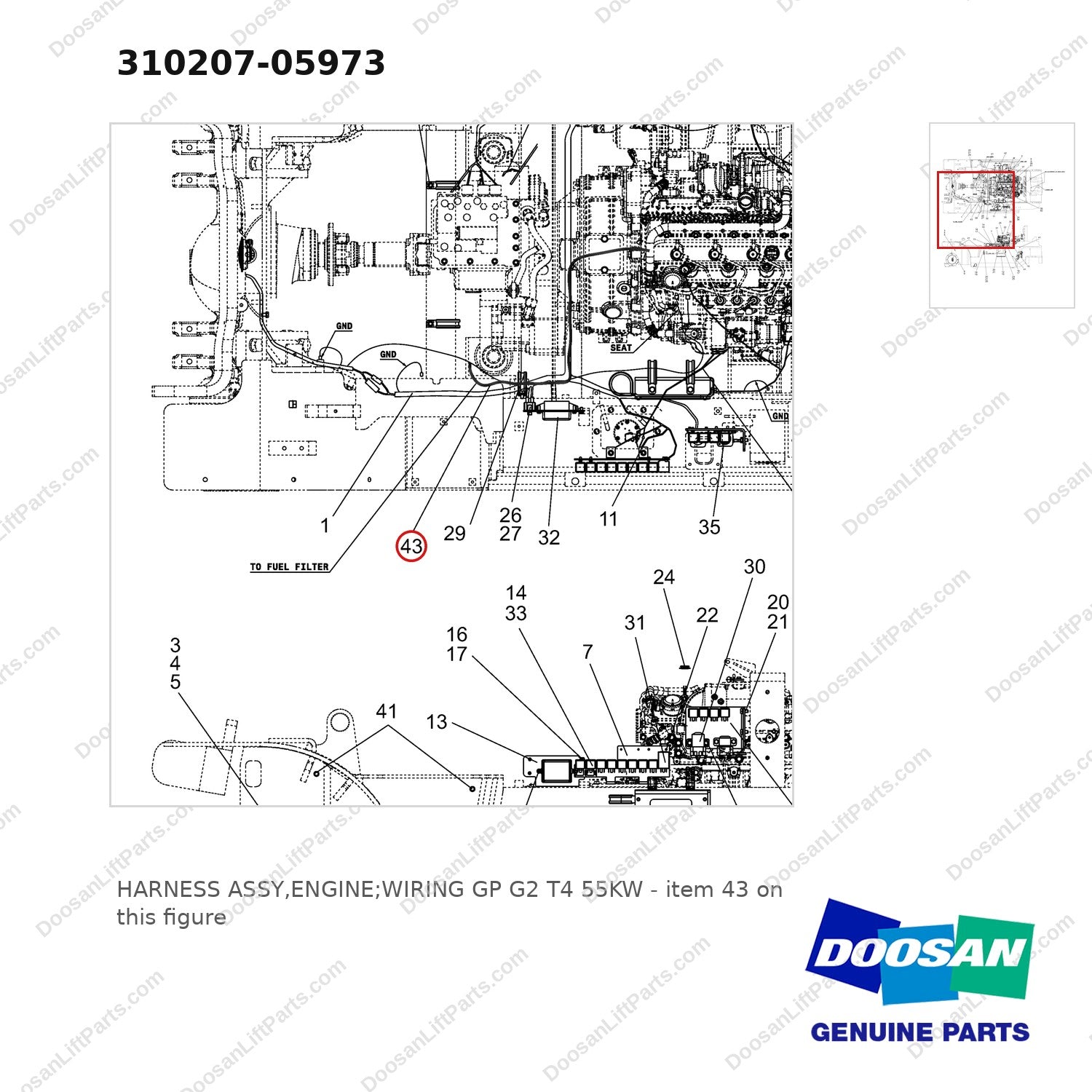310207-05973 HARNESS ASSY,ENGINE;WIRING GP G2 T4 55KW - parts diagram, item 43 shown - genuine Doosan / Bobcat forklift part