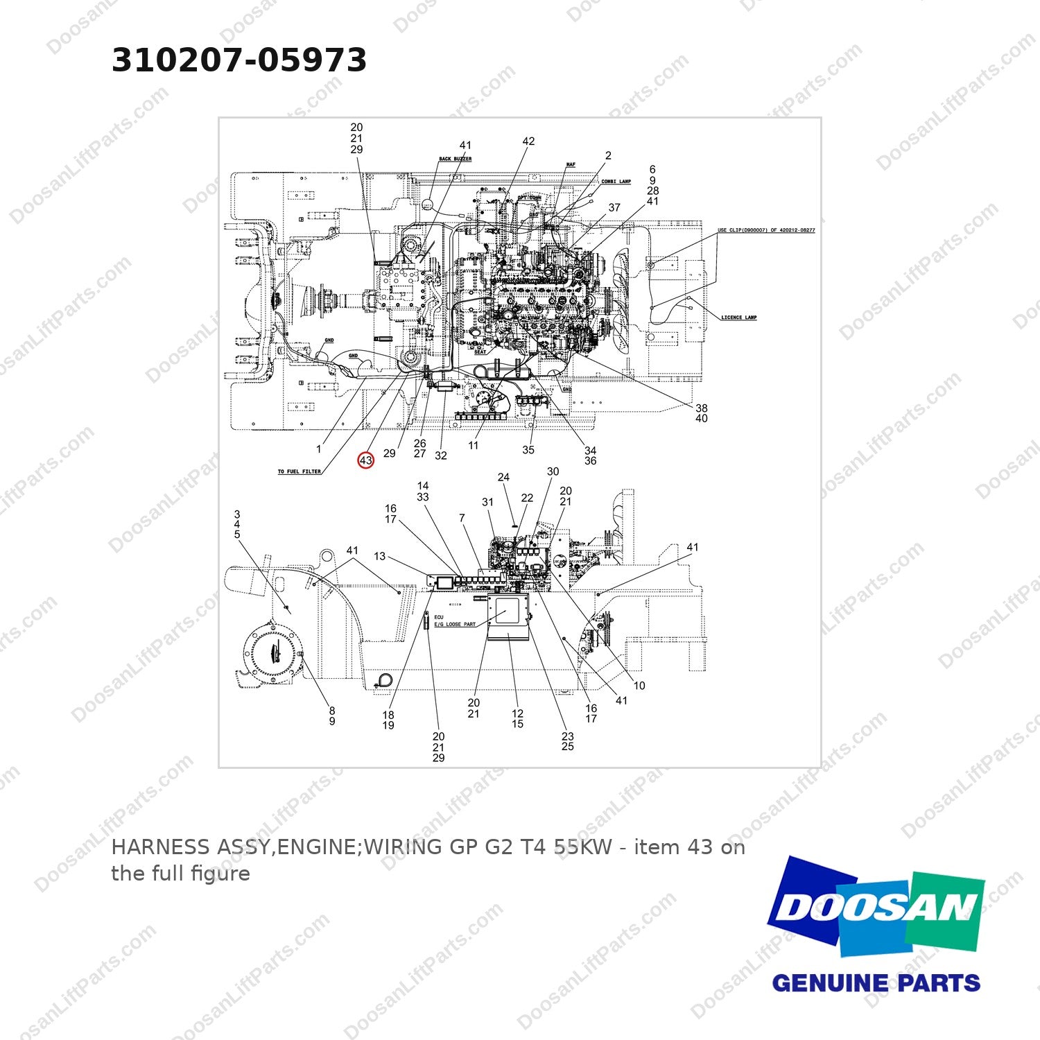 310207-05973 HARNESS ASSY,ENGINE;WIRING GP G2 T4 55KW - full parts diagram, item 43 marked - genuine Doosan / Bobcat forklift part