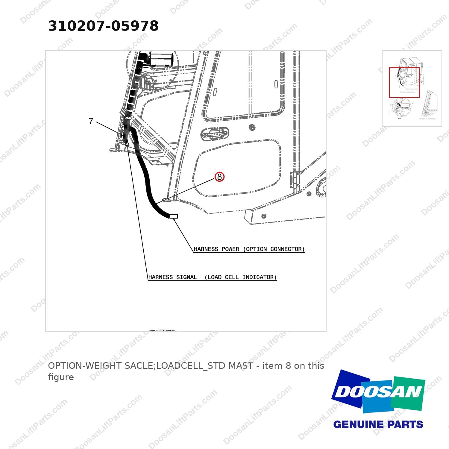 310207-05978 OPTION-WEIGHT SACLE;LOADCELL_STD MAST - parts diagram, item 8 shown - genuine Doosan / Bobcat forklift part