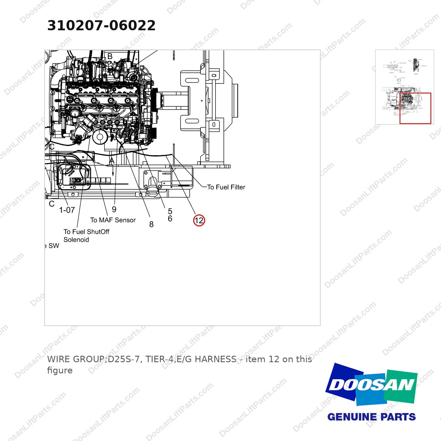 310207-06022 WIRE GROUP;D25S-7, TIER-4,E/G HARNESS - parts diagram, item 12 shown - genuine Doosan / Bobcat forklift part