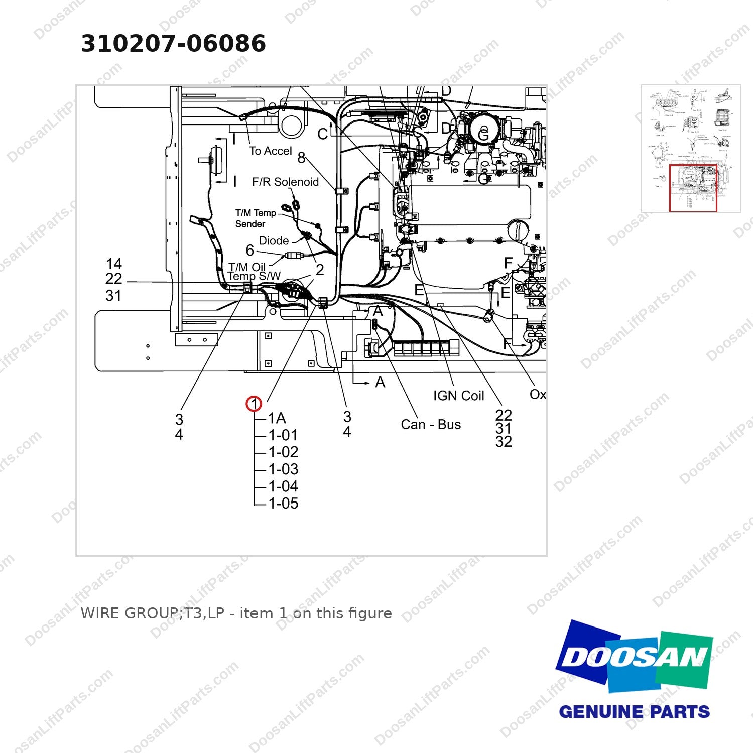 310207-06086 WIRE GROUP;T3,LP - parts diagram, item 1 shown - genuine Doosan / Bobcat forklift part