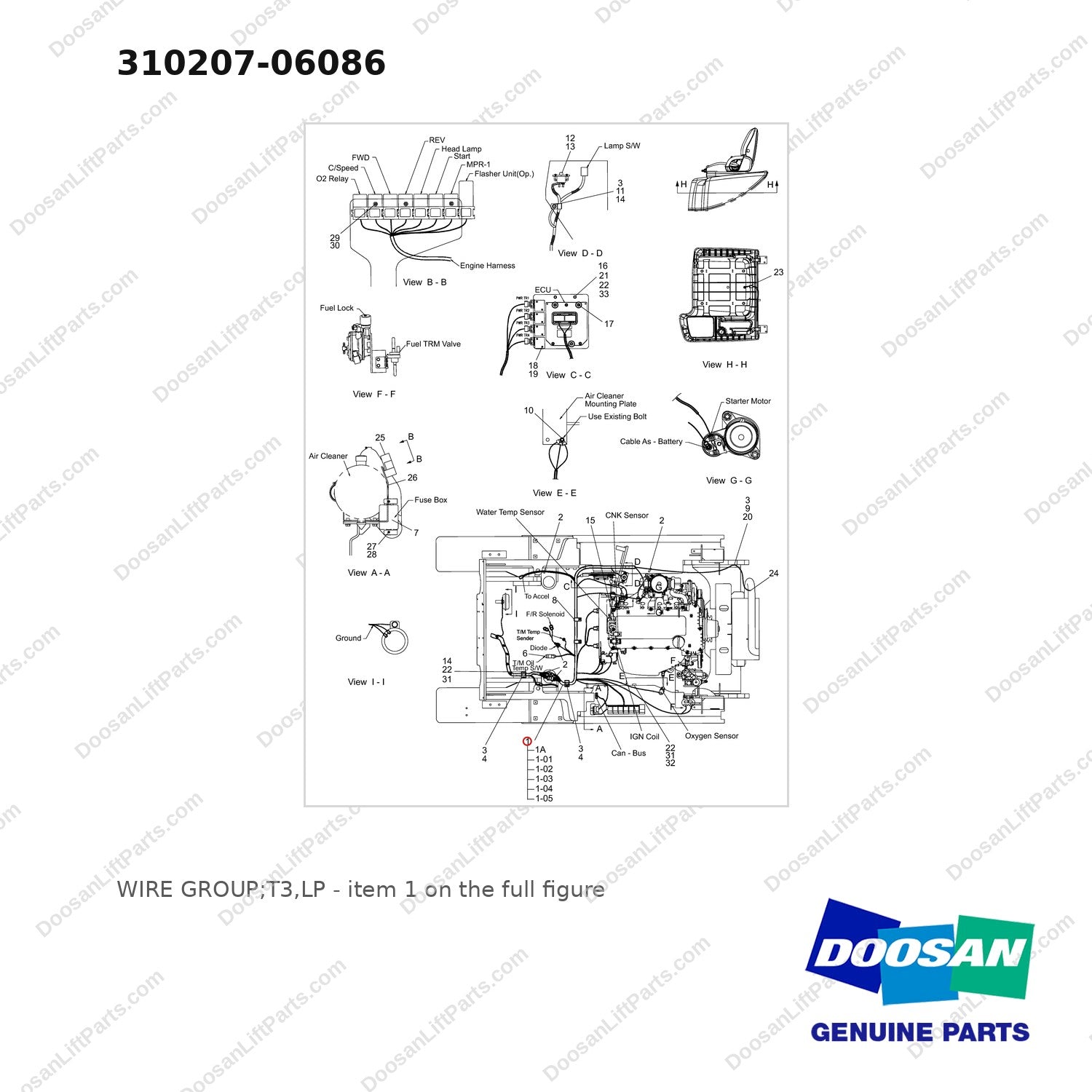 310207-06086 WIRE GROUP;T3,LP - full parts diagram, item 1 marked - genuine Doosan / Bobcat forklift part